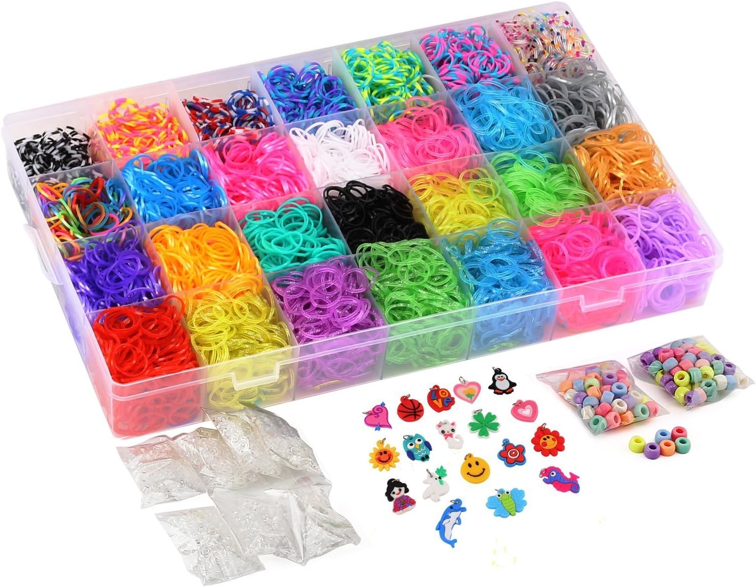 12100+ Rubber Bands Refill Loom Set 11,000+ Loom Bands 42 Colors 600 Clips 200 Beads + 52 ABC Beads 30 Charms 10 Backpack Hooks 10 Tassels 5 Crochet Hooks 5 Hair Clips +ABC & Number Stickers