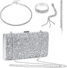 Bolso de Mano de Diamante Bolso de Noche para Mujer Bolso de Fiesta de Plata Bolso de Hombro de Cristal Brillante Bolso de Boda 4 piezas con Collar Pulseras Aretes
