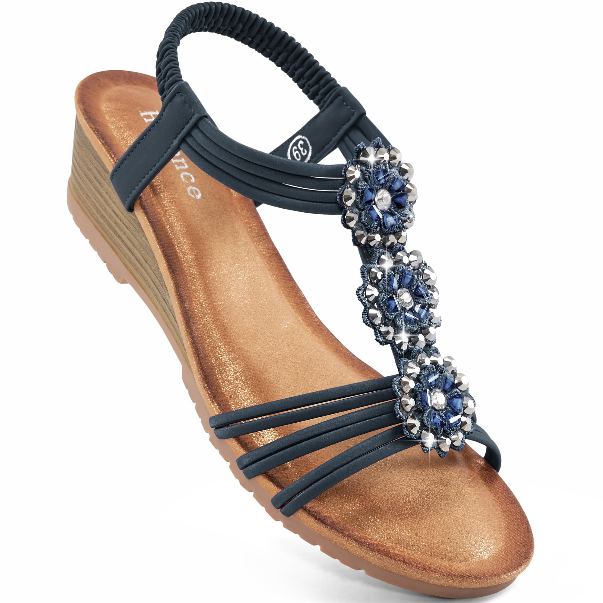 HARENCE Wedge Sandals for Women Dressy: Comfortable Elastic Ankle Strap Low Heel Open Toe Flower Summer Shoes