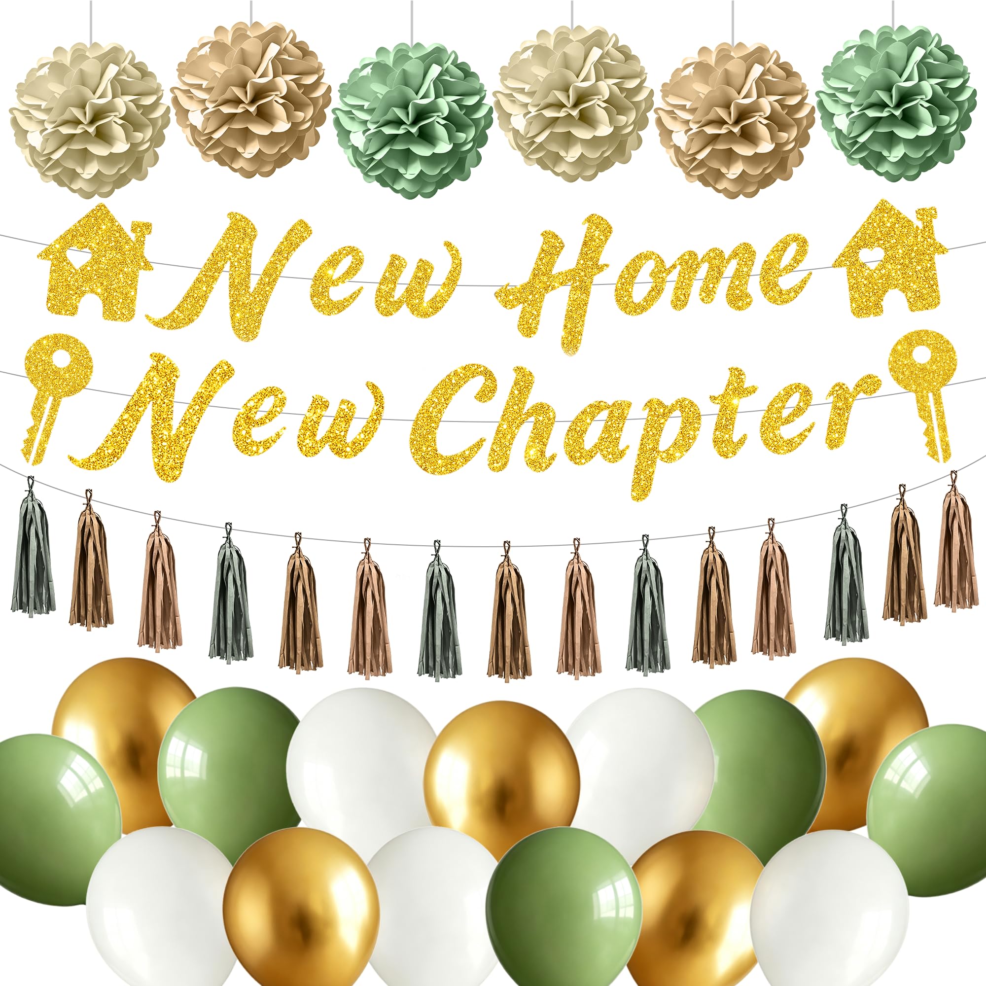 Green Housewarming Decorations Set, New Home New Chapter Banner, Sage Green Boho Welcome Home Party Decor Kit with 15 Balloons, 15 Tassels, 6 Paper Pompoms New