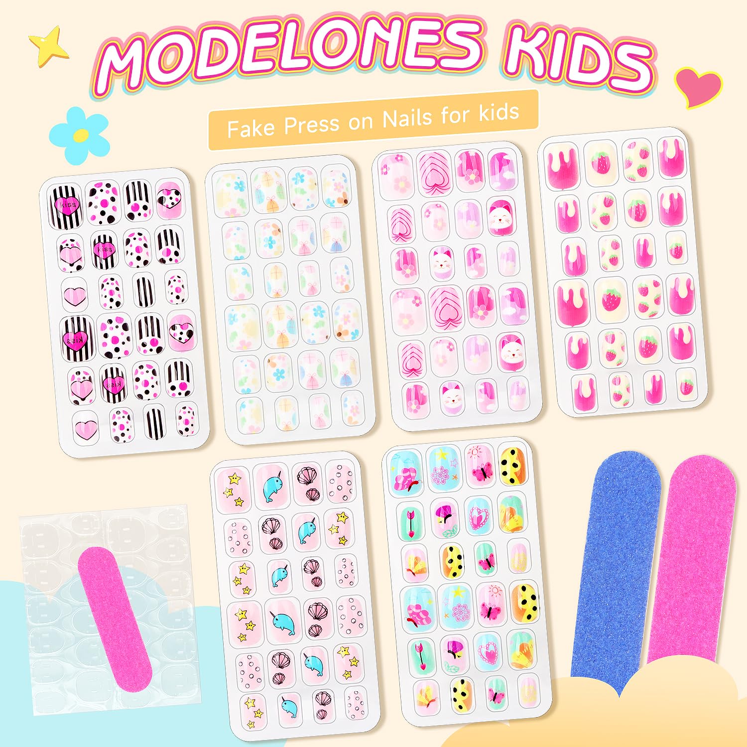 OWill Kids Stick on Nails, 144 Pcs Cute Cartoon Fake Nails for Kids Full Cover Children False Nail Press on Nail Party Gift for Girls - Image 3