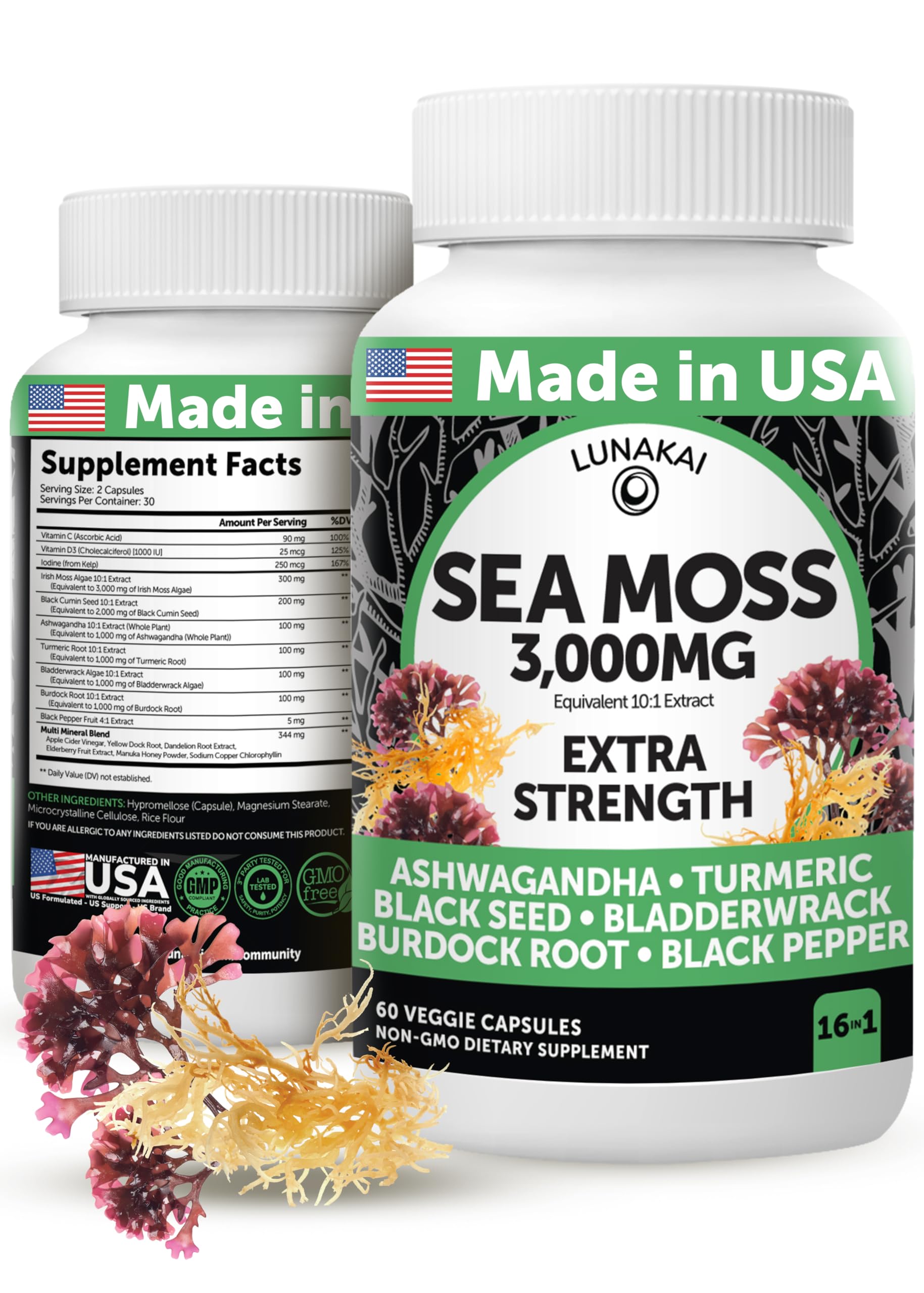 Lunakai USA Made Irish Sea Moss Capsules with Black Seed Oil, Ashwagandha, Burdock Root & Bladderwrack, 60ct