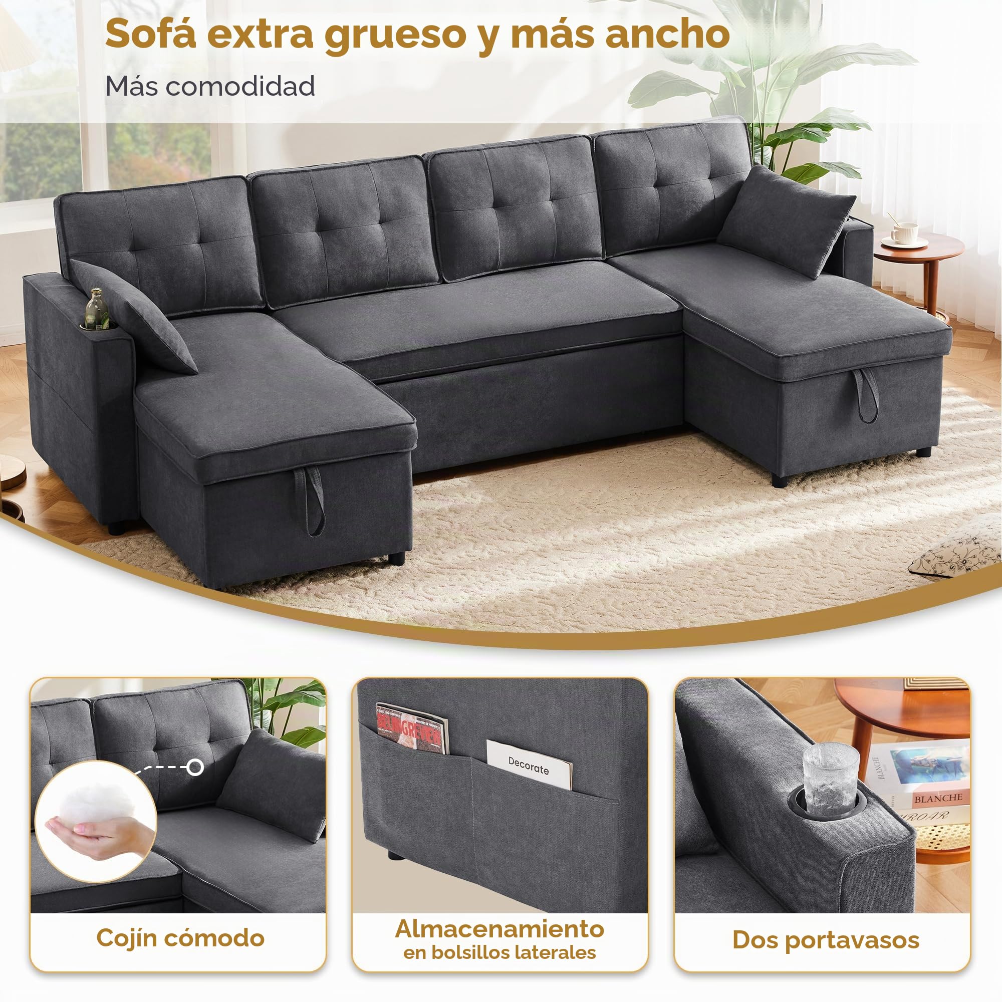 Soweiz Sofá cama tapizado, sofá cama con función de dormir, sofá en forma de U, tela de algodón y lino, con soporte para bebidas, dos espacios de almacenamiento, adecuado para familias, salón (gris)