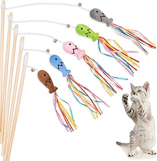 JXFUKAL 5PCS Cat Wand Toys, Interactive Cat Toys with Catnip Fish, Colorful Ribbons & Bell for Kitty Kitten, Cat Toys for Indoor Cats Cat Teaser Cat String Toy Cat Accessories