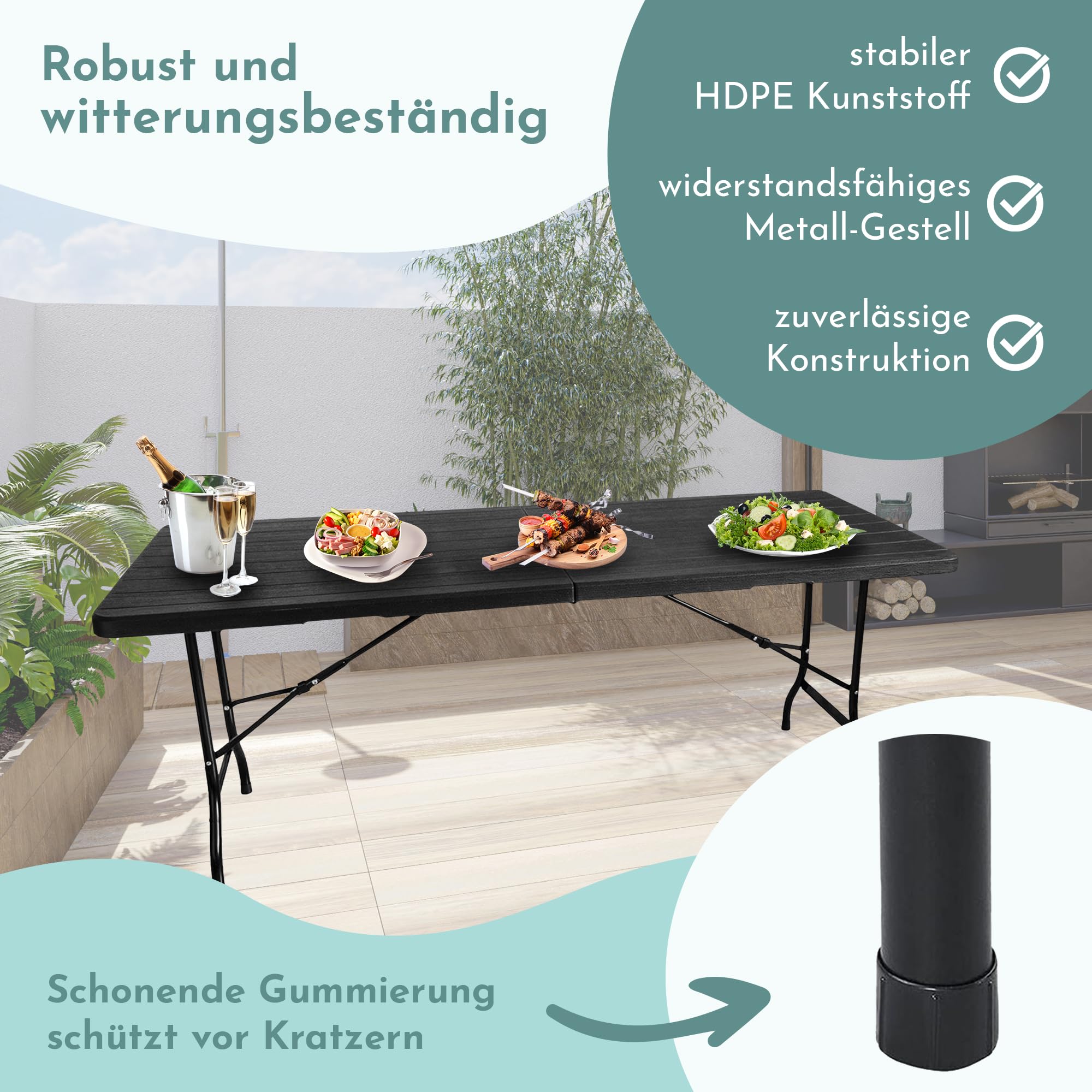 Lemodo Klapptisch 180 x 75 cm – klappbarer Gartentisch & Buffettisch bis 150 kg, Stabiler Partytisch in wetterfester Holzoptik schwarz, als Koffertisch mit Tragegriff platzsparend verstaubar