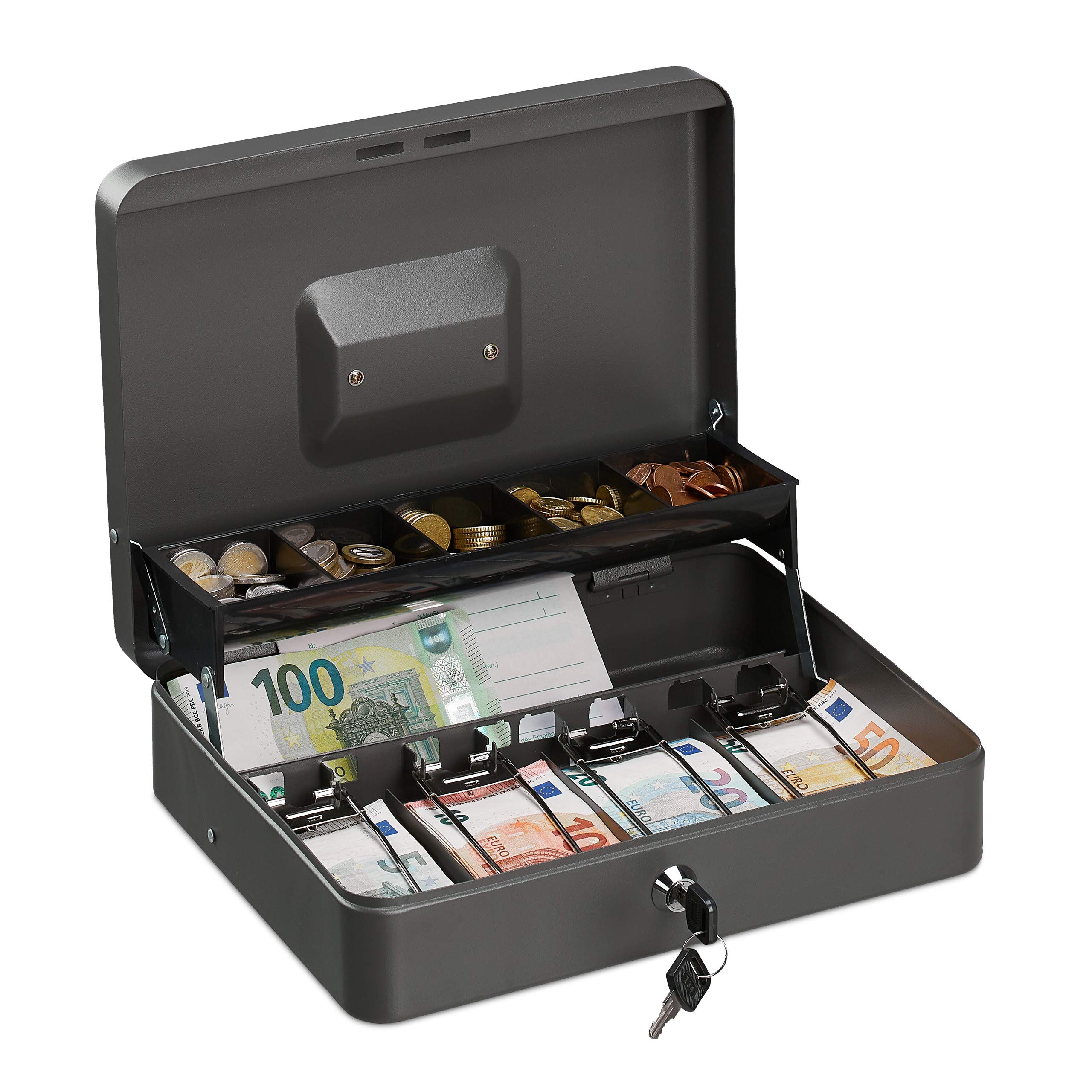 Relaxdays Lockable Box, Coin Insert, 4 Note Compartments, Iron Register HBT 8.5 x 30.5 x 24.5 cm, Grey