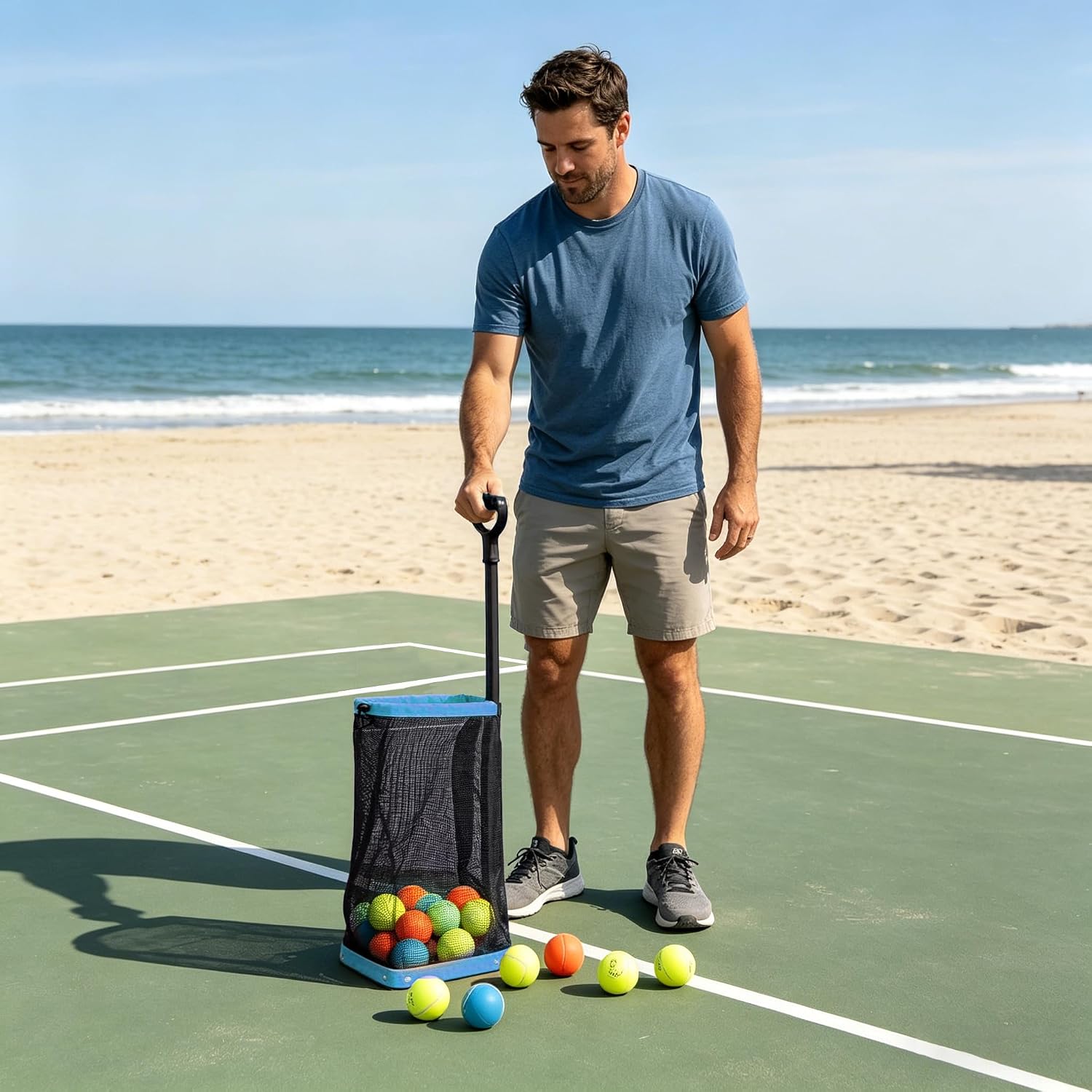 Tennis Ball Hopper, Holds 40+ Pickleballs or 50+ Tennis Balls, Lightweight Durable Steel Frame, Portable Adjustable Ball Picker（Excluding Ball）