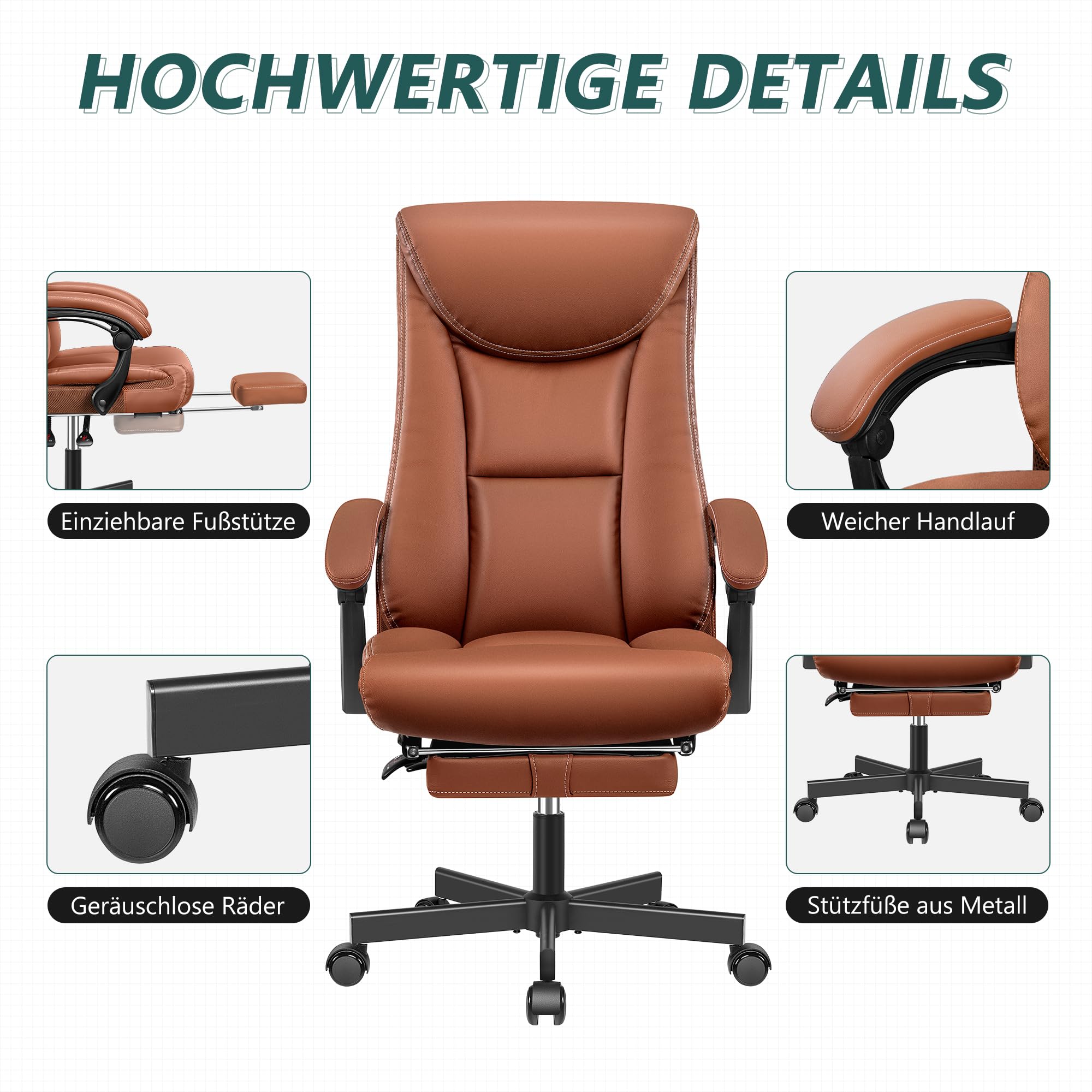 Chefsessel Breiter Bürostuhl ergonomischer Schreibtischstuhl hohe Rückenlehne 150KG mit Fußstütze Office Chair aus PU-Leder, Braun