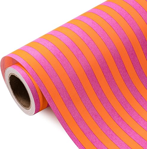 WRAPAHOLIC Kraft Striped Wrapping Paper Roll - Mini Roll - 17 Inch x 16.5 Feet - Orange and Hot Pink Stripe Wrapping Paper for Birthday, Valentine's Day, Mother's Day, Wedding