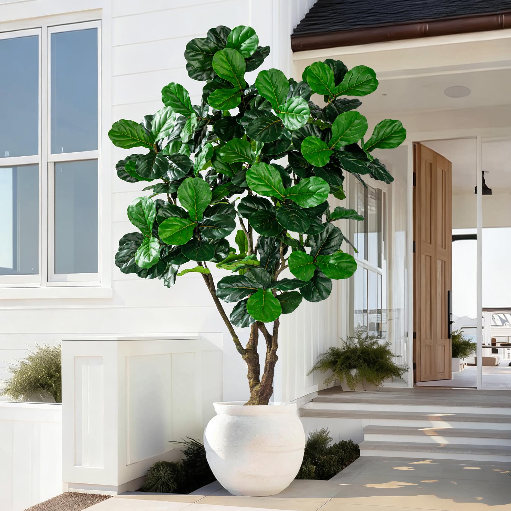 Artificial Fiddle Leaf Fig Tree 8ft with White Planter Realistic Fiddle Leaf Lyrata Plant Tall Fake Tree with