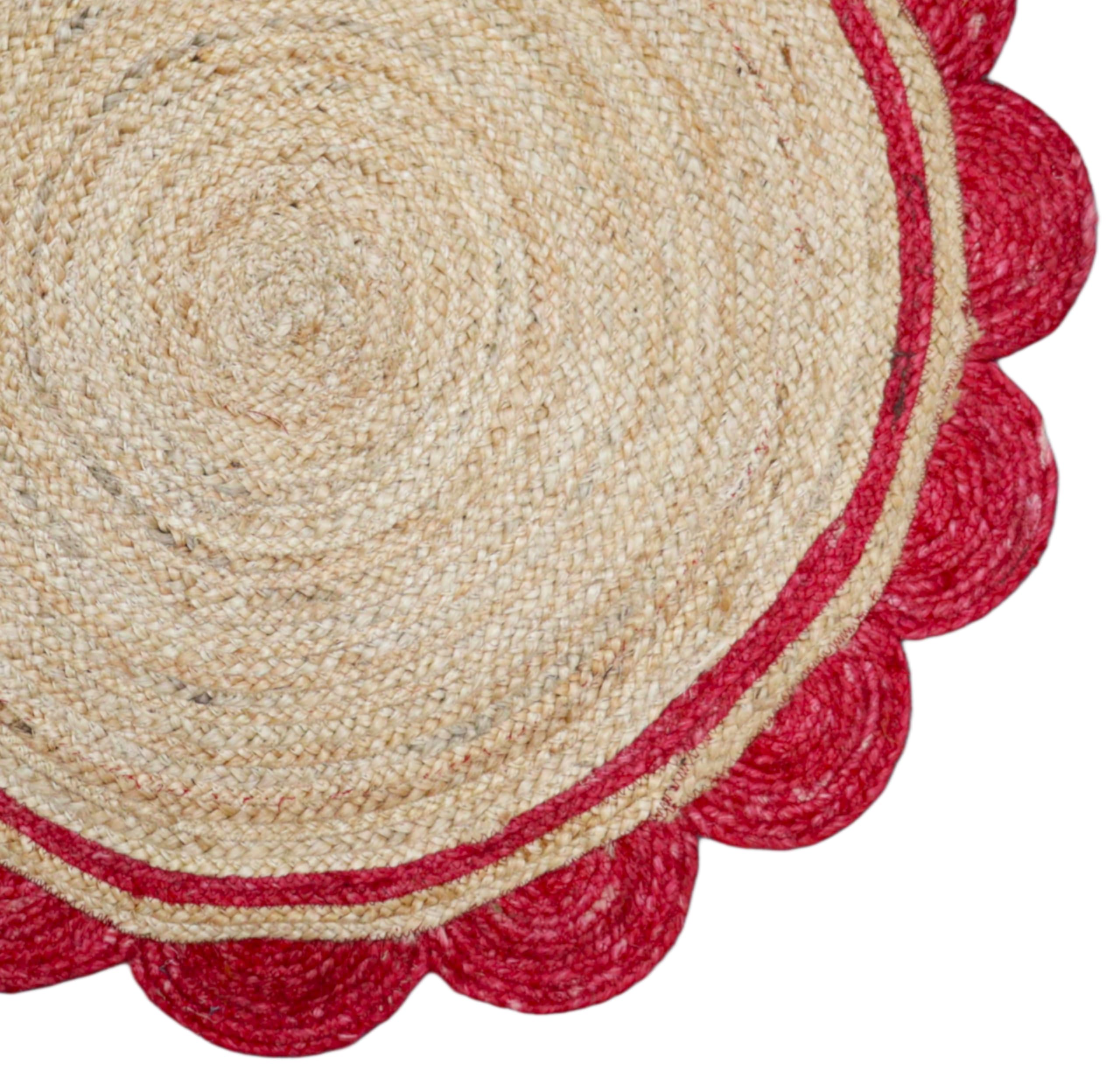 Tapis indien en jute naturelle tressé à la main avec motif festonné rouge pour salle à manger, chambre à coucher, salon, rond, 150 x 150 cm