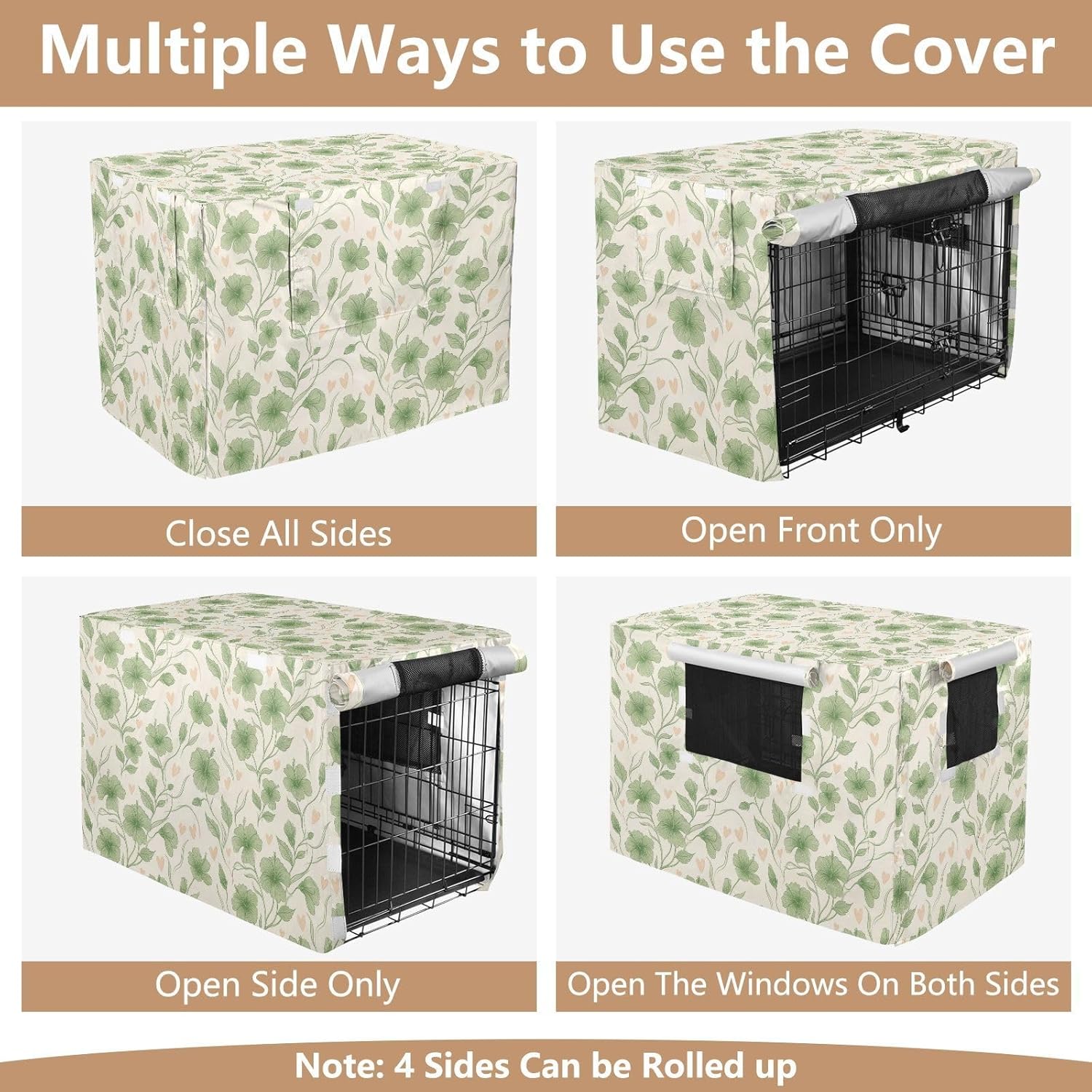 Duty 600D Silver Coated Dog Crate Cover, Water-Resistant Flowers Pet Kennel Canopy with Mesh Windows for Optimal Ventilation, Universal Fit for Standard Wire Cage, Indoor & Travel