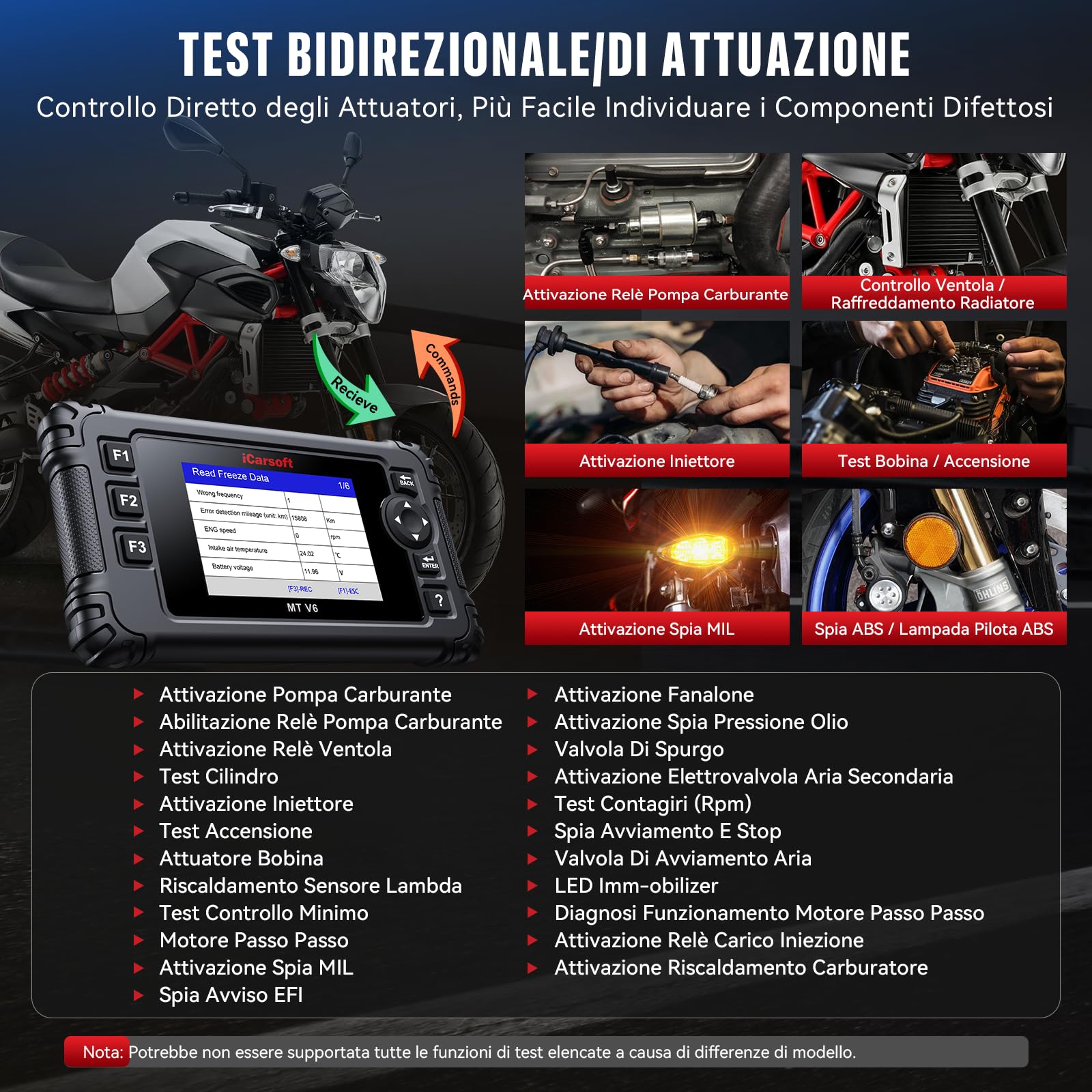 iCarsoft MT V6 - Diagnostico per moto Aprilia, diagnosi di sistema, 88 servizi di manutenzione, 123 test bidirezionali, lettura e cancellazione dei codici di errore, test della batteria
