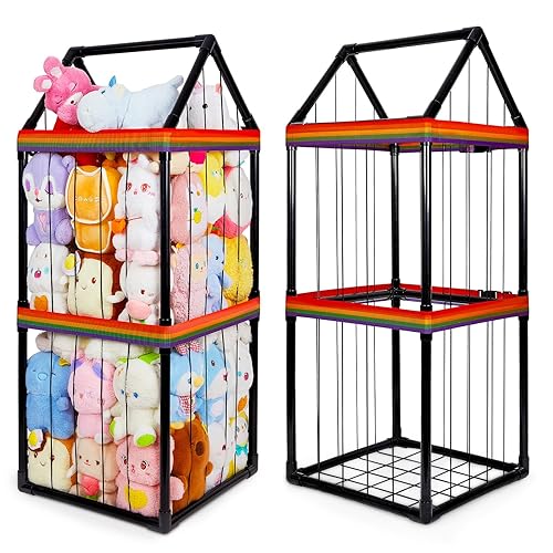 Basumee Almacenamiento de animales de peluche, zoológico, para niños, con dos correas de arco iris, tubo de PVC, organizador de almacenamiento de