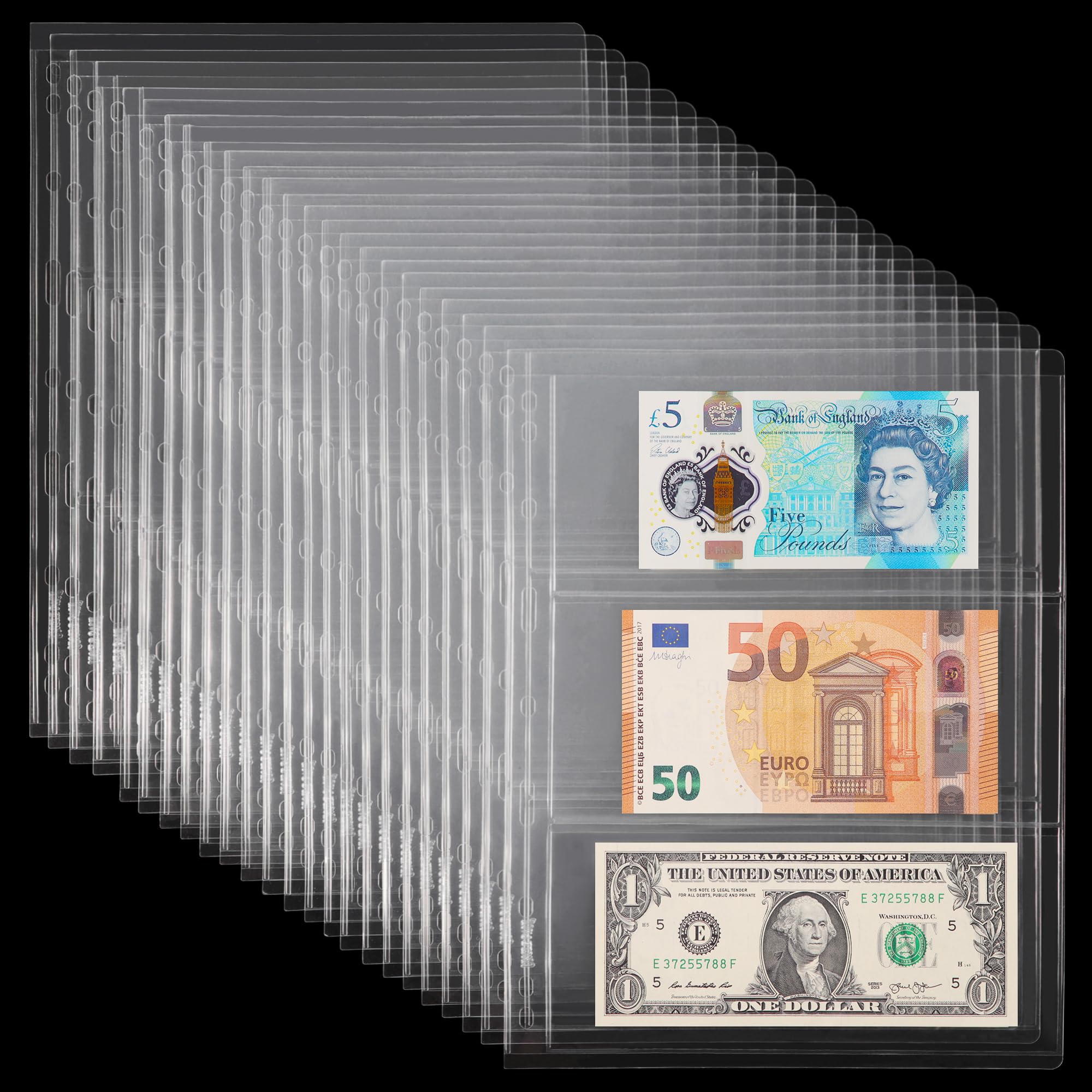 24 Sheets Currency Sleeves for Collectors Acid-Free PVC Paper Money Currency Pocket Pages Coin Collection Supplies - 72 Pockets 9-Hole Stamp Page