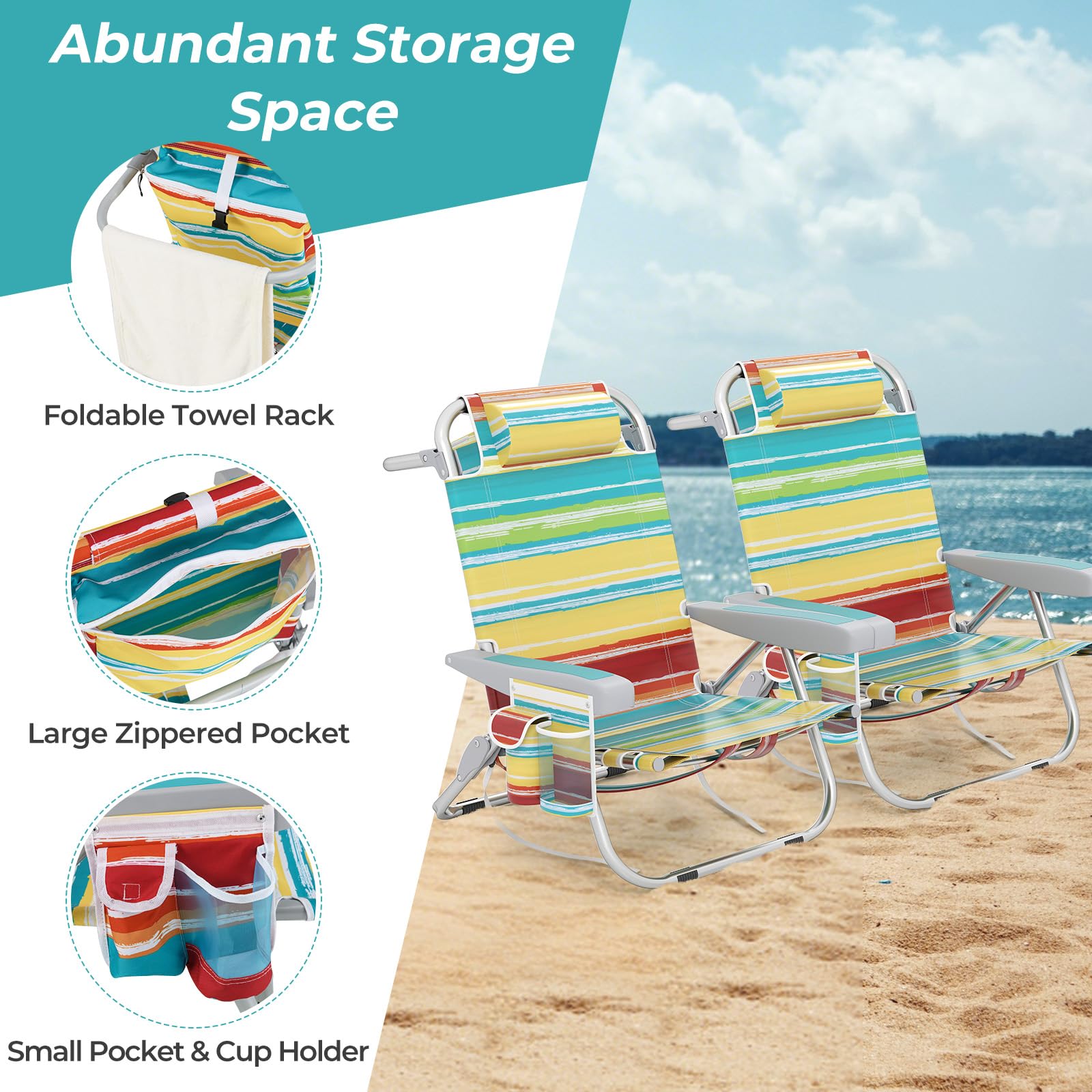 FANTASK Strandstuhl klappbar, Campingstuhl mit Verstellbarer Rückenlehne, Kopfstütze, Seitentasche, Schultergurt und Armlehnen, Klappstuhl für Outdoor (2, Bunt)