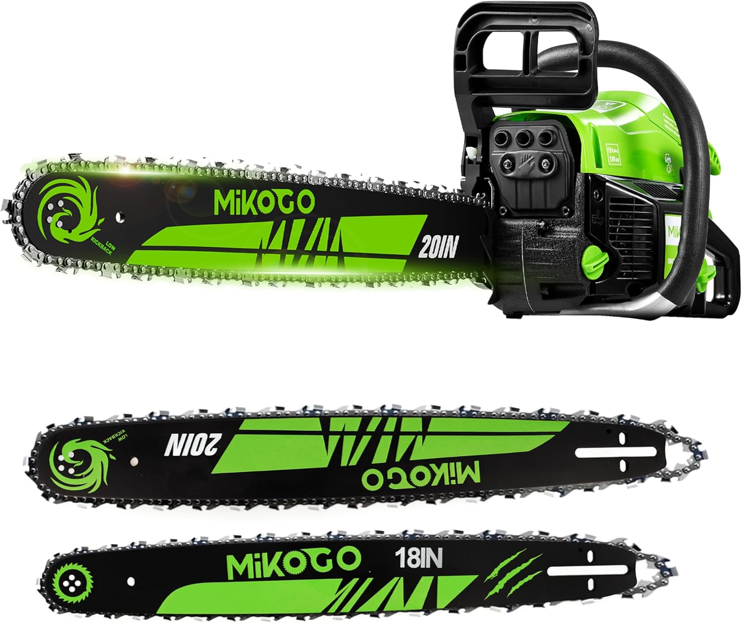 58cc gas chainsaw with 20/18 in bars, dual-switch lockout