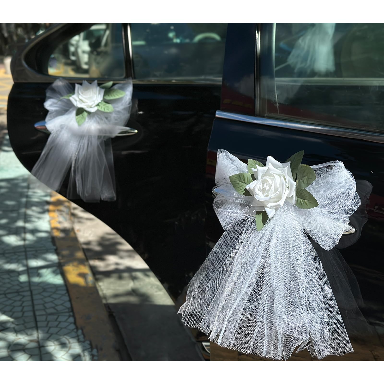 4 Pcs Wedding Car Ribbon Decorations with White Artificial Rose