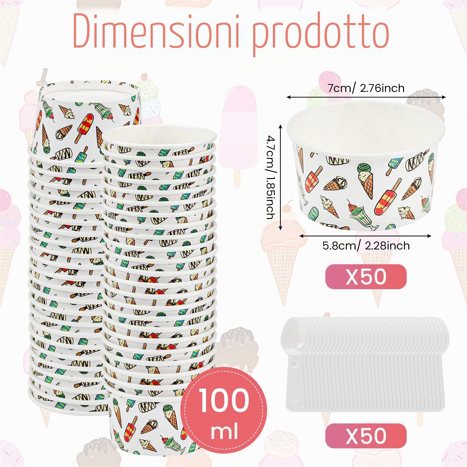 Kleemeiero 50 bicchieri da gelato in carta con 50 cucchiai da 125 ml, usa e getta, in cartone, per gelato, dessert, finger food, yogurt