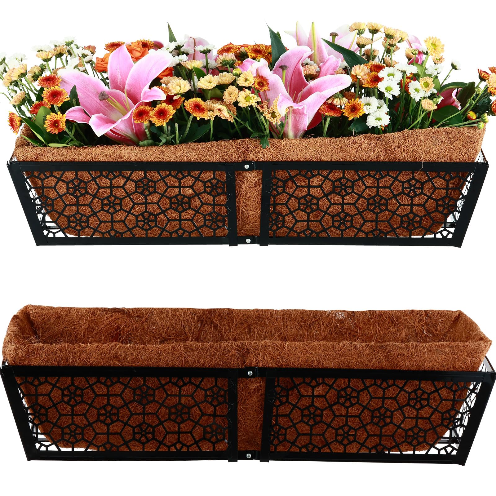2 Packs 34 Inch Window Box Deck Railing Planter Boxes Rectangle Flower Boxes Outdoor Deck Railing with Coco Liner Black Metal Hanging Flower Pots Baskets for Indoor Outdoors Plants Horse Trough