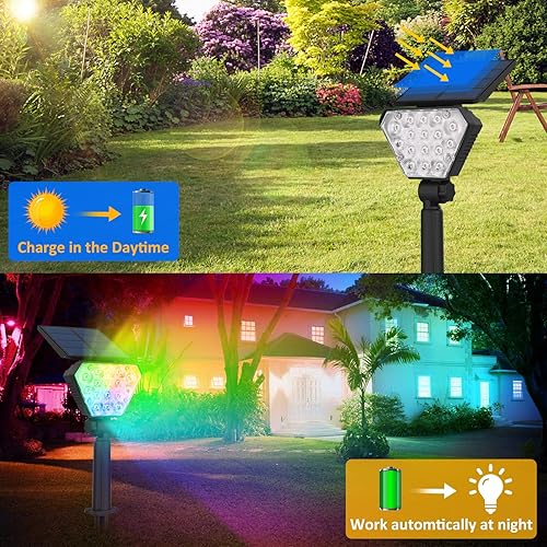 Miniatura 3 de T-SUNUS Paquete de 6 focos solares de color para paisaje, IP65, impermeables, con energía solar, luces de pared, 2 en 1, luz solar para paisajismo