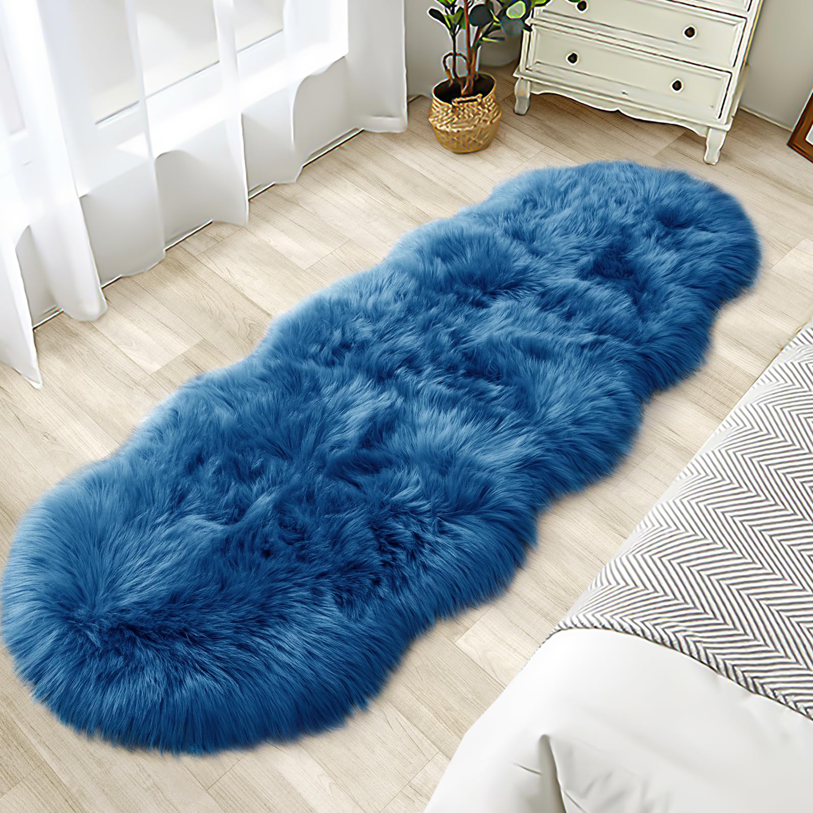 Faux Fur Rug for Bedroom, Fluffy Runner Rugs Soft Sheepskin Rug Sofa Couch Seat Cushion, 2x6ft Dark Blue Plush Area Rug Shag Rugs Floor Carpets for