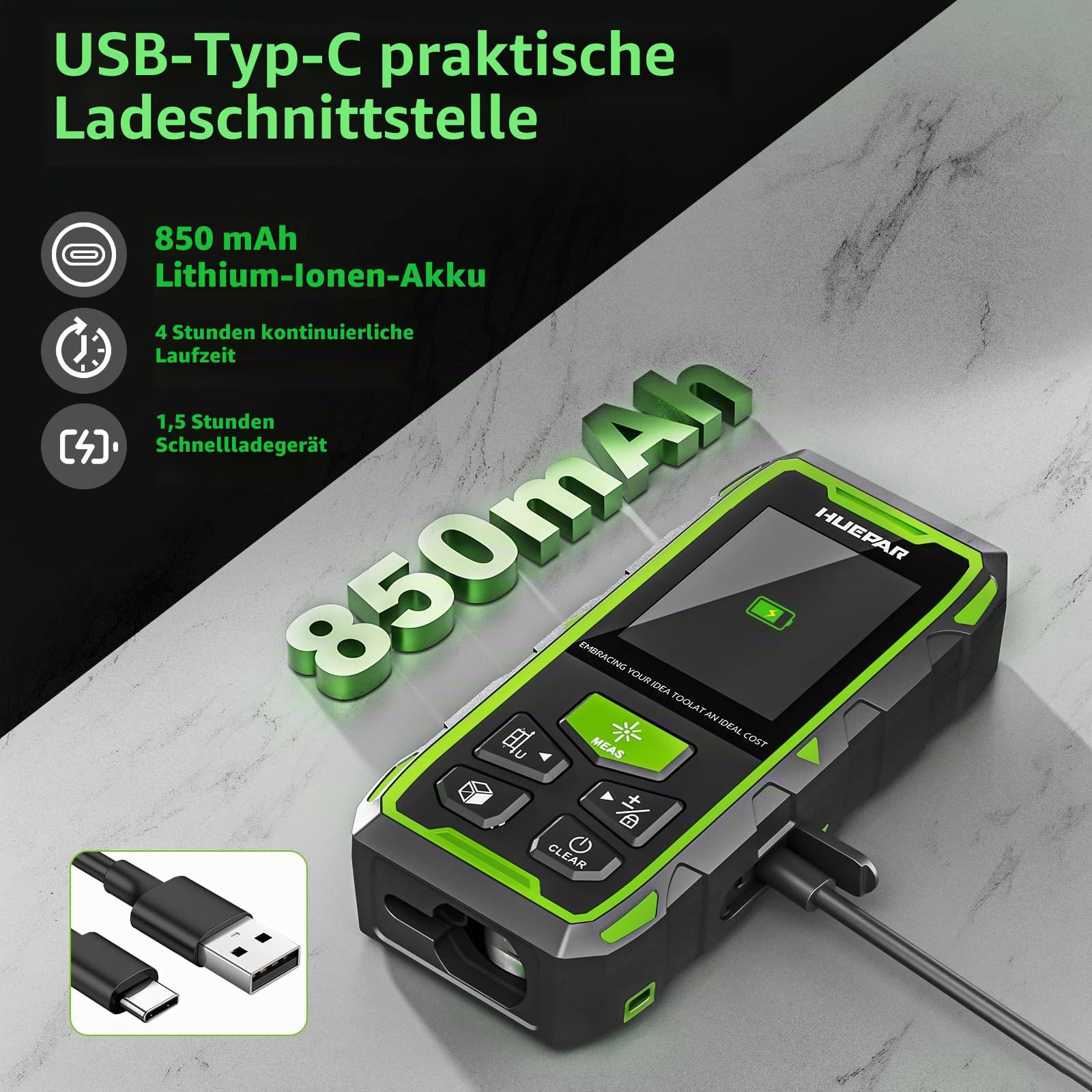 Dual Laser Entfernungsmesser, Huepar 120M Rot Laser Messgerät Entfernungsmesser mit Laser, hintergrundbeleuchtetem LCD, Messung von Entfernung, Fläche und Volumen und pythagoreischem Modus