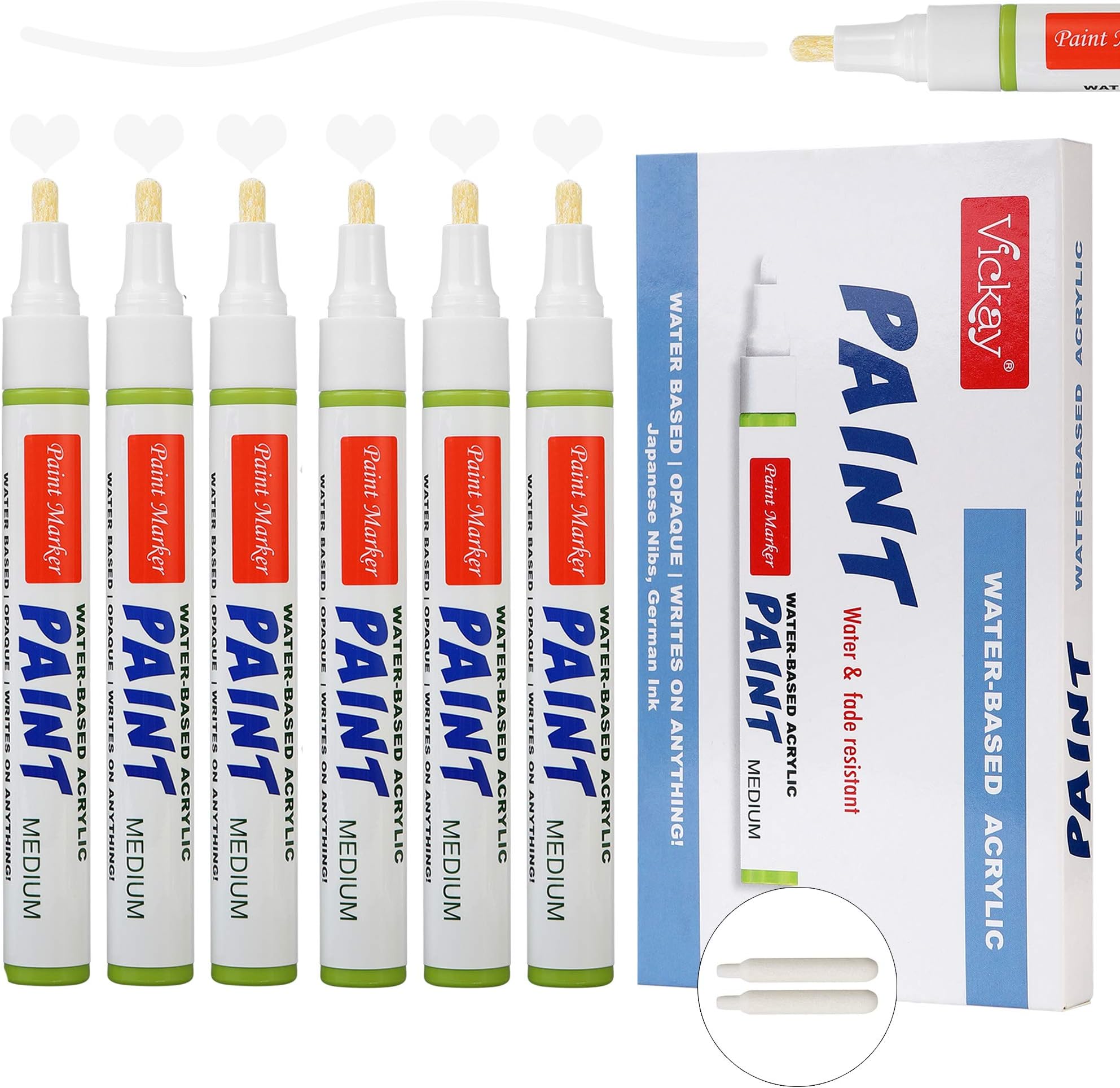 White Acrylic Paint Pens, Set of 6 Medium Point Water Based Permanent Paint Marker for Rock Painting, Ceramic, Metal, Glass, Wood, Fabric DIY Craft Projects Water Resistant with 2 Extra Replacea