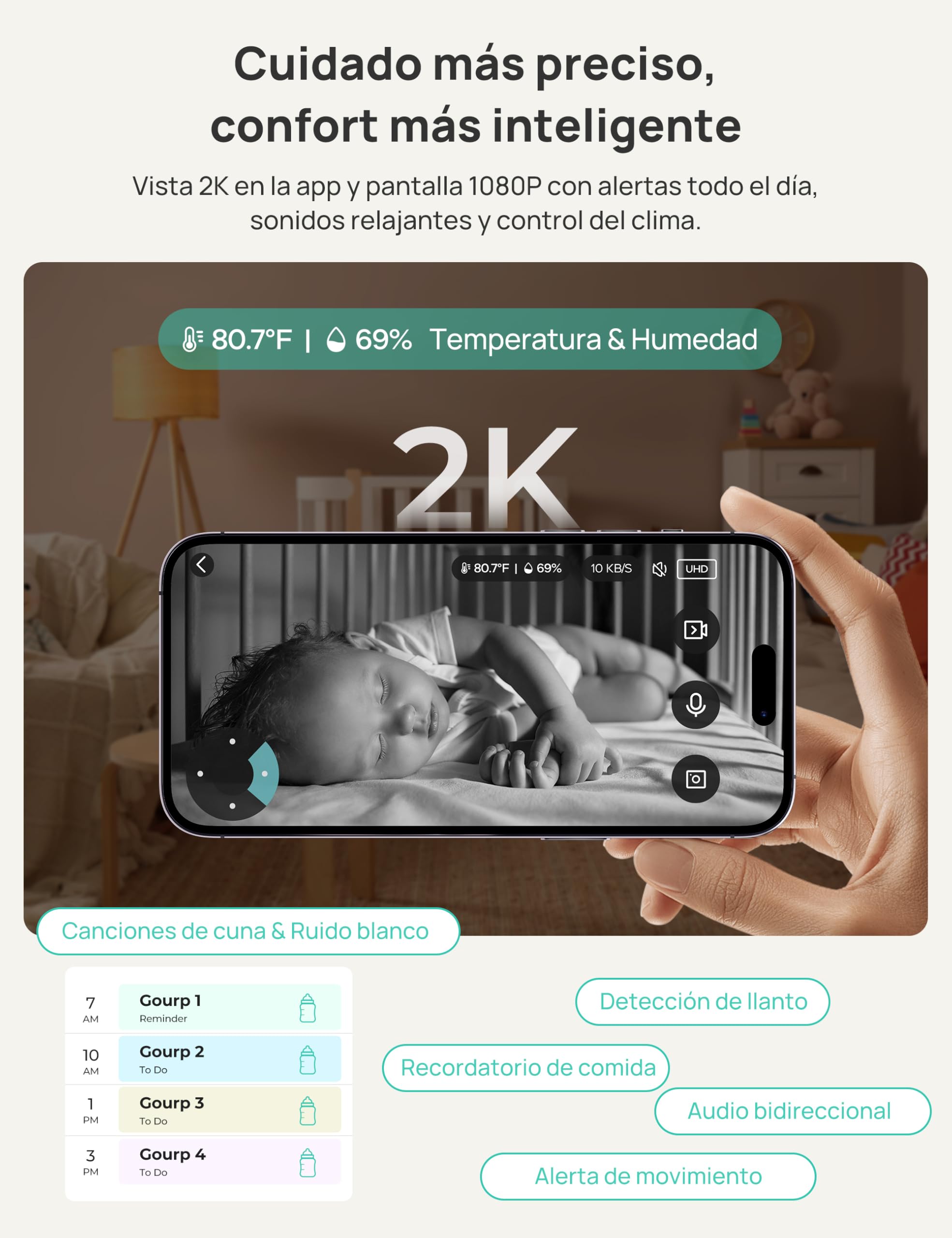 Dr.Care VistaView Baby Monitor Smart Wi-Fi de 5” con Soporte Clip, Cámara 2K HD, Control por App, Alertas de Llanto y Movimiento, Visión Nocturna, Batería 5000 mAh, Audio Bidireccional