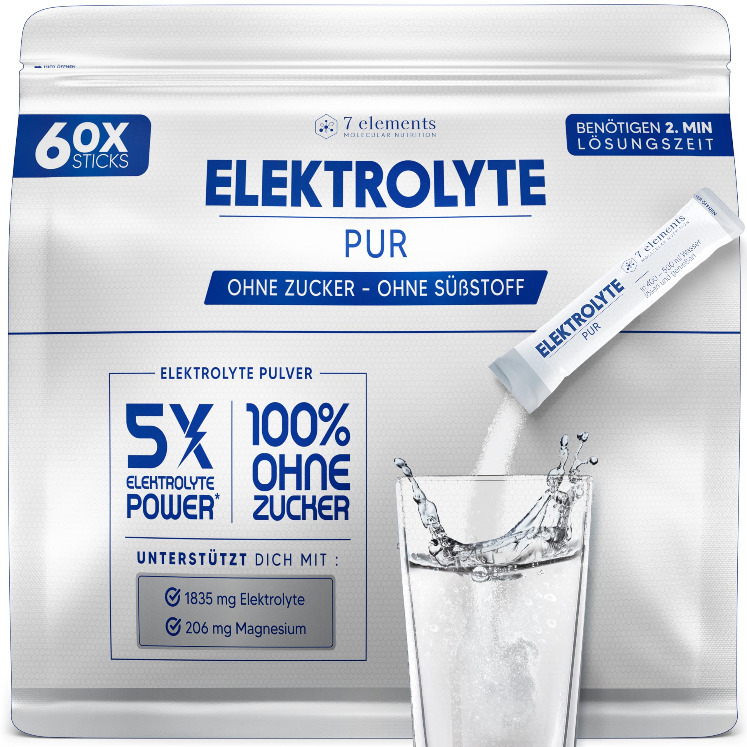 Elektrolyte PUR - 60 Stück - Ohne Zucker & ohne Süßungsmittel - 1835mg Elektrolyte für Sport und den täglichen Bedarf - Ohne Zusätze und Aromen - isotonisches Elektrolytgetränk - KETO