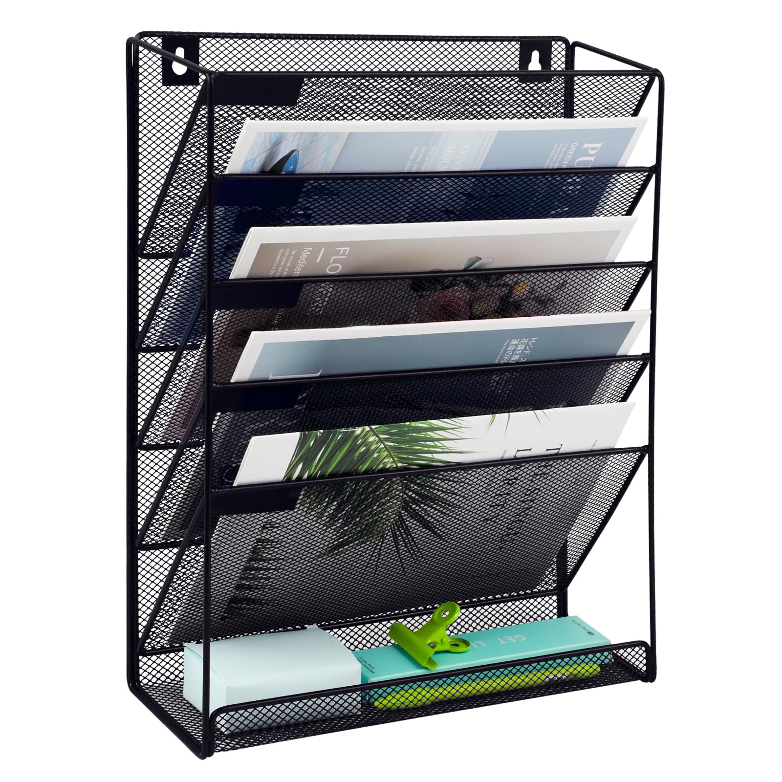 EASEPRES 6 Tier Mesh Hanging Wall File Organizer, Desk Mail Paper Document Folder Holder, Clipboard Storage Organization Magazine Rack with Bottom Tray and Nametag Label for Office Home School, Black-image-19