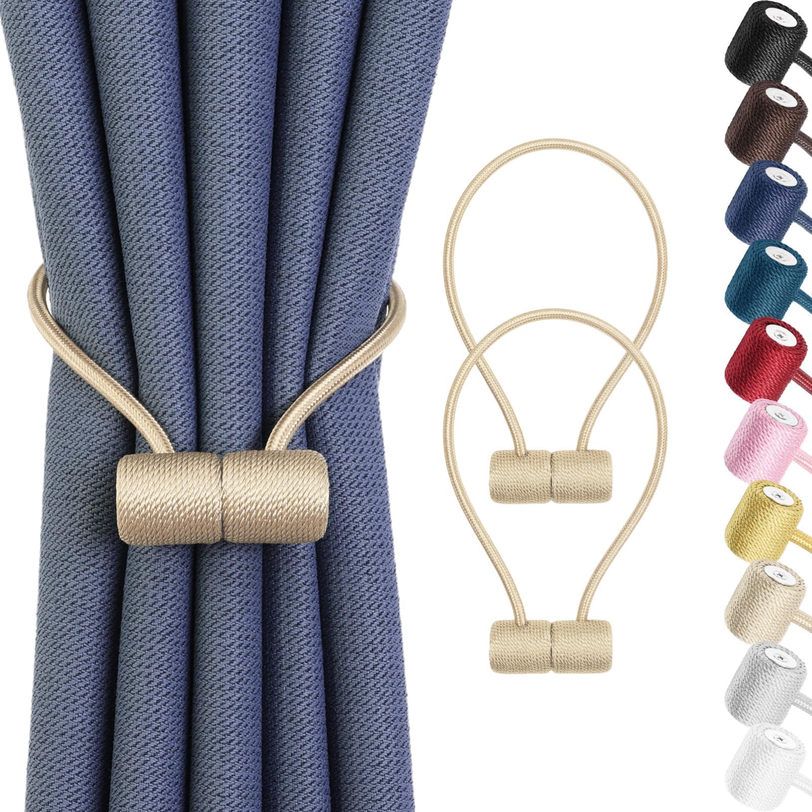 Remunkia Magnetic Curtain Tiebacks 2 Pack, Curtain Tie Backs Holder, Outdoor Curtains Tiebacks Window Treatment Holdbacks with Strong Magnet for Home Bedroom Office Decorative Drape Curtains - Beige