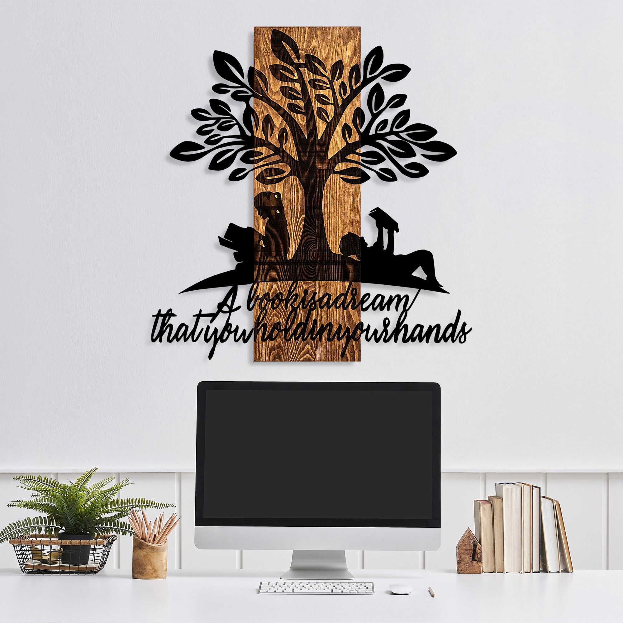 Elegant Decorative Wooden Wall Accessory, 54 x 57 cm, 100% Real Wood (3 cm) & Metal (1.5 mm), Unique Walnut & Black Finish, Perfect for Home Decor