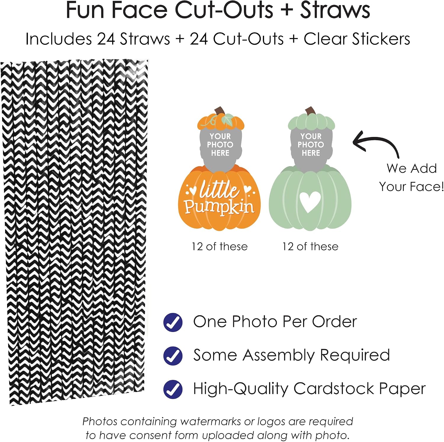 Big Dot of Happiness Custom Photo Little Pumpkin - Fall Birthday Party Fun Face Paper Straw Decor - Set of 24