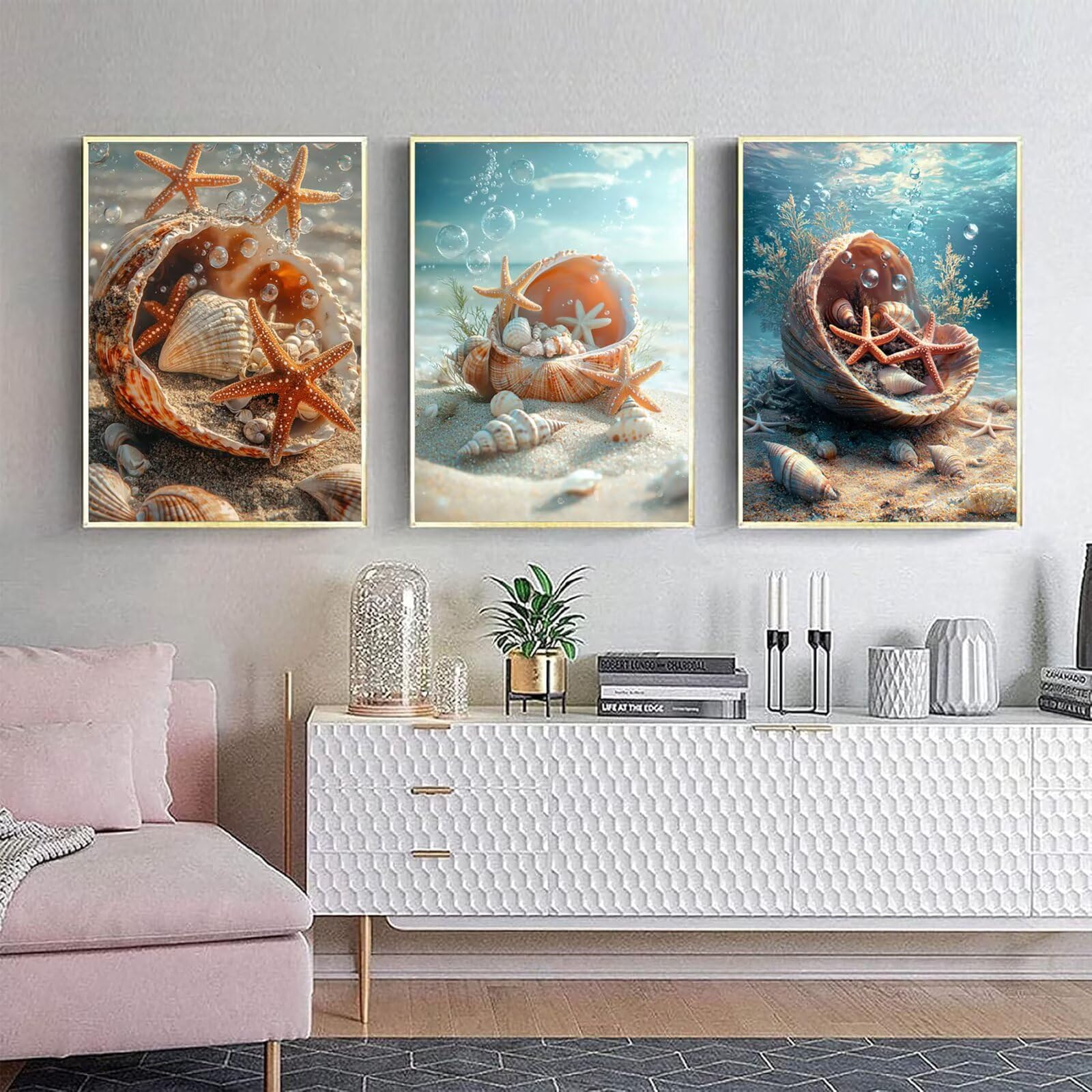 Cnyaunfi 3 Pezzi Oceano Pittura Diamante Fai-Da-Te 5D Blu Diamond Painting Kit Completo per, Hobby Creativi Adulti, Pittura Diamante Artigianale Per La Decorazione Della Parete Di Casa 50x70cm YF-3438