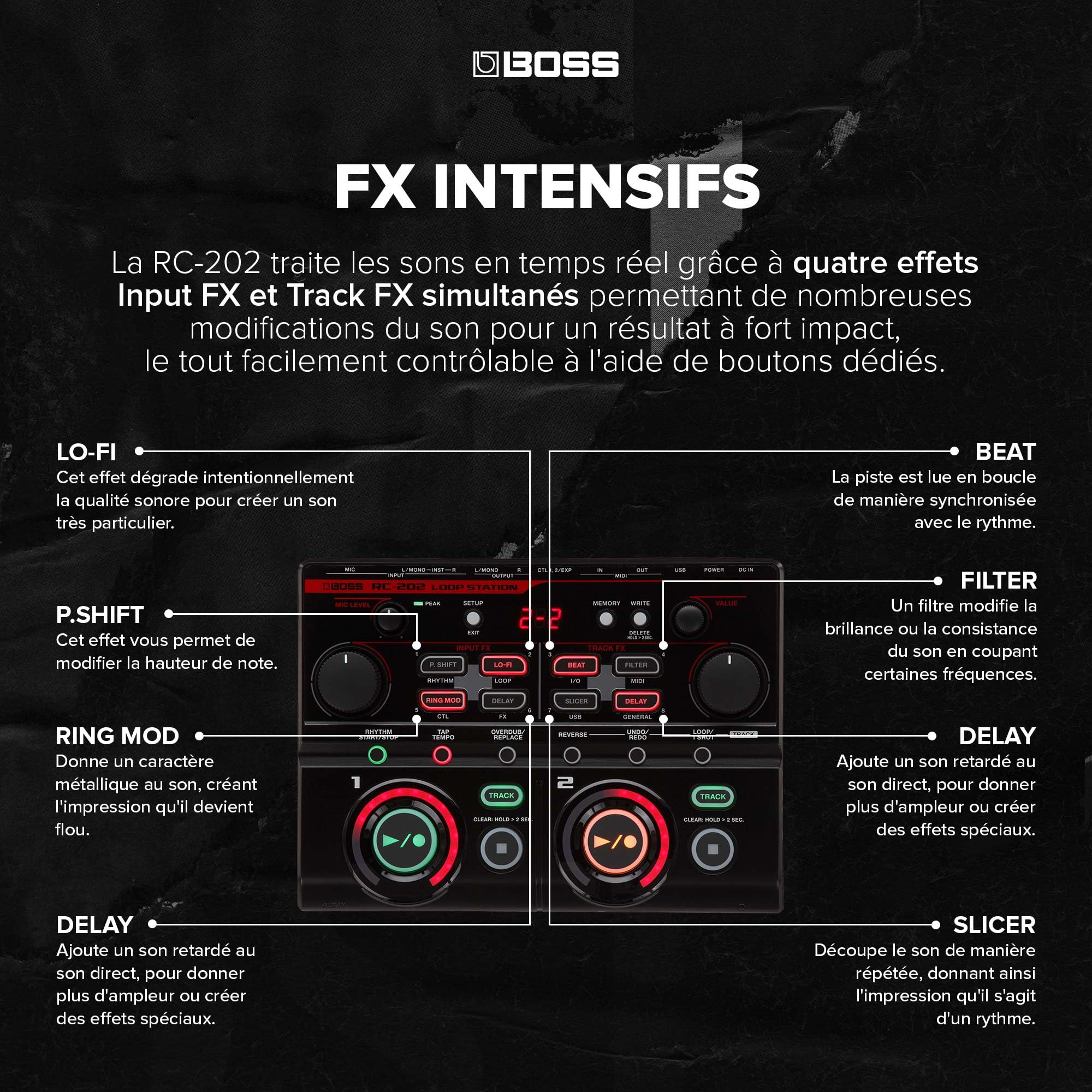 Loop Station RC-202 BOSS | Des loops au bout des doigts pour les créateurs de musiques évolutives | Deux pistes stéréo | 64 mémoires de phrase | Interface USB Audio/MIDI