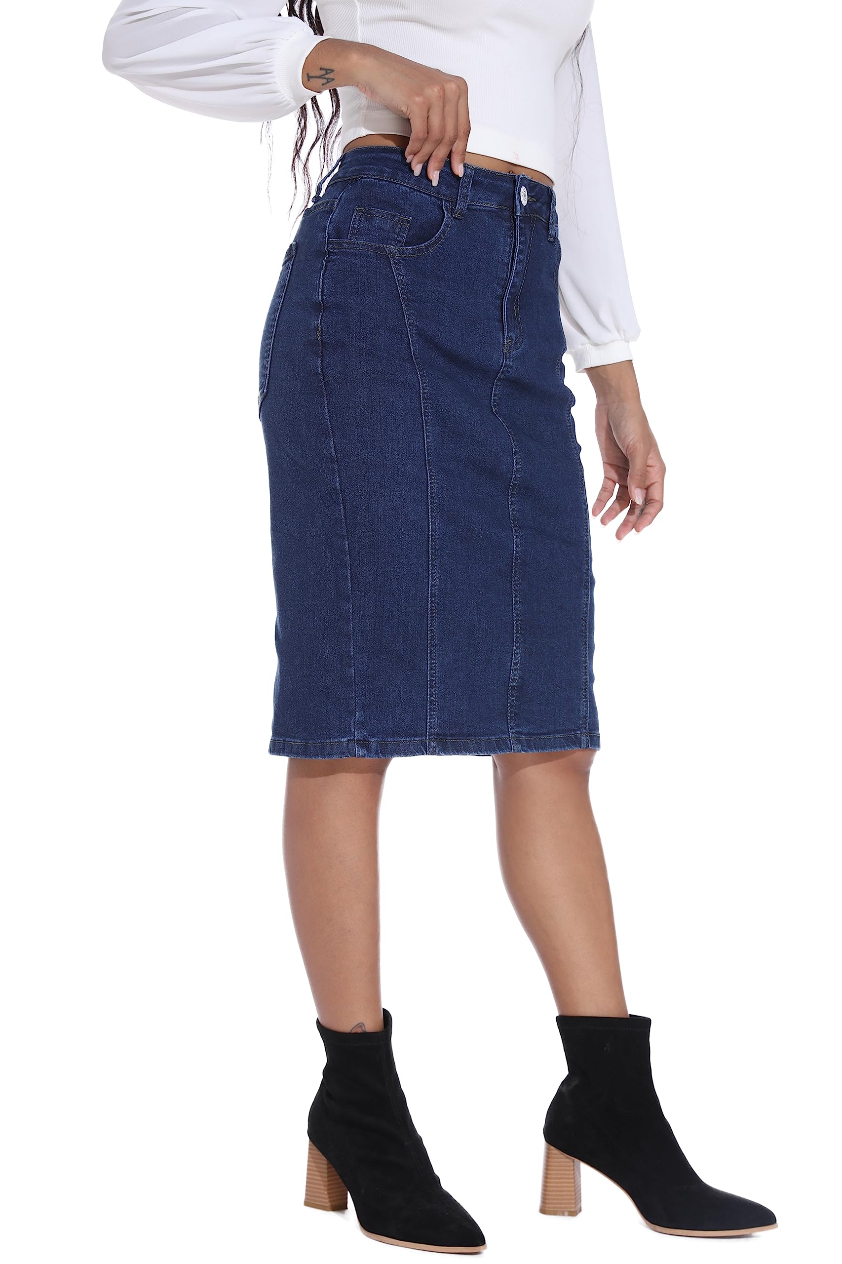 GUANYY Jeansrock für Damen, hohe Taille, knielang, schmale Passform, Bleistift-Stretch-Jeansrock