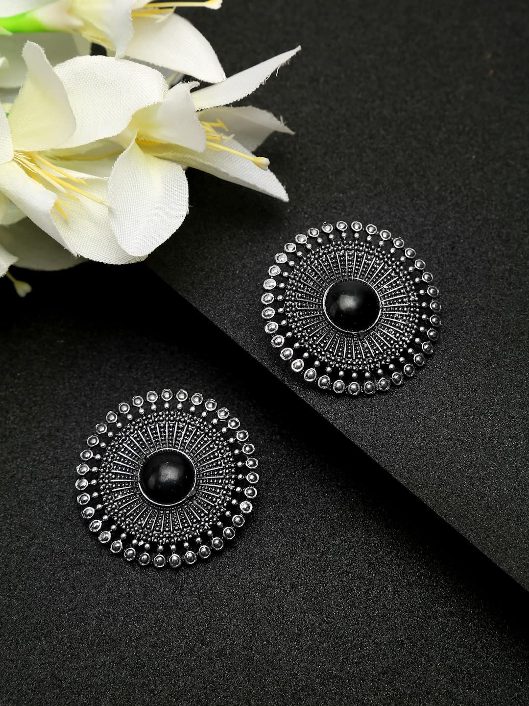Oxidised Silver Round Stud Earrings for Women (Style 2)