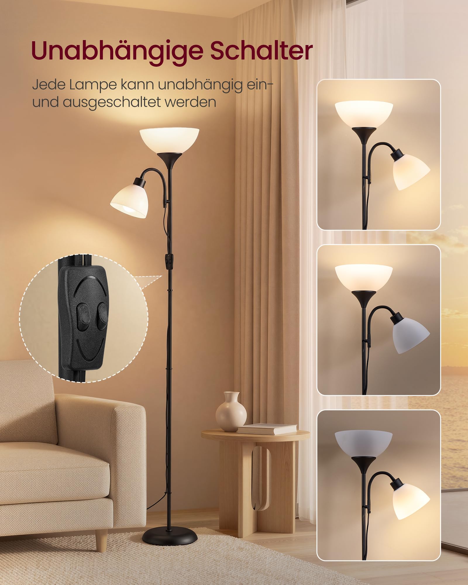 VASAGLE Deckenfluter mit Leselampe, Stehlampe 176 cm Standleuchte für E27 LED-Leuchtmittel geeignet mit verstellbarem Lesearm, Stehleuchte für Wohnzimmer, schlafzimmer, Büro, Mattschwarz, LFL019B102