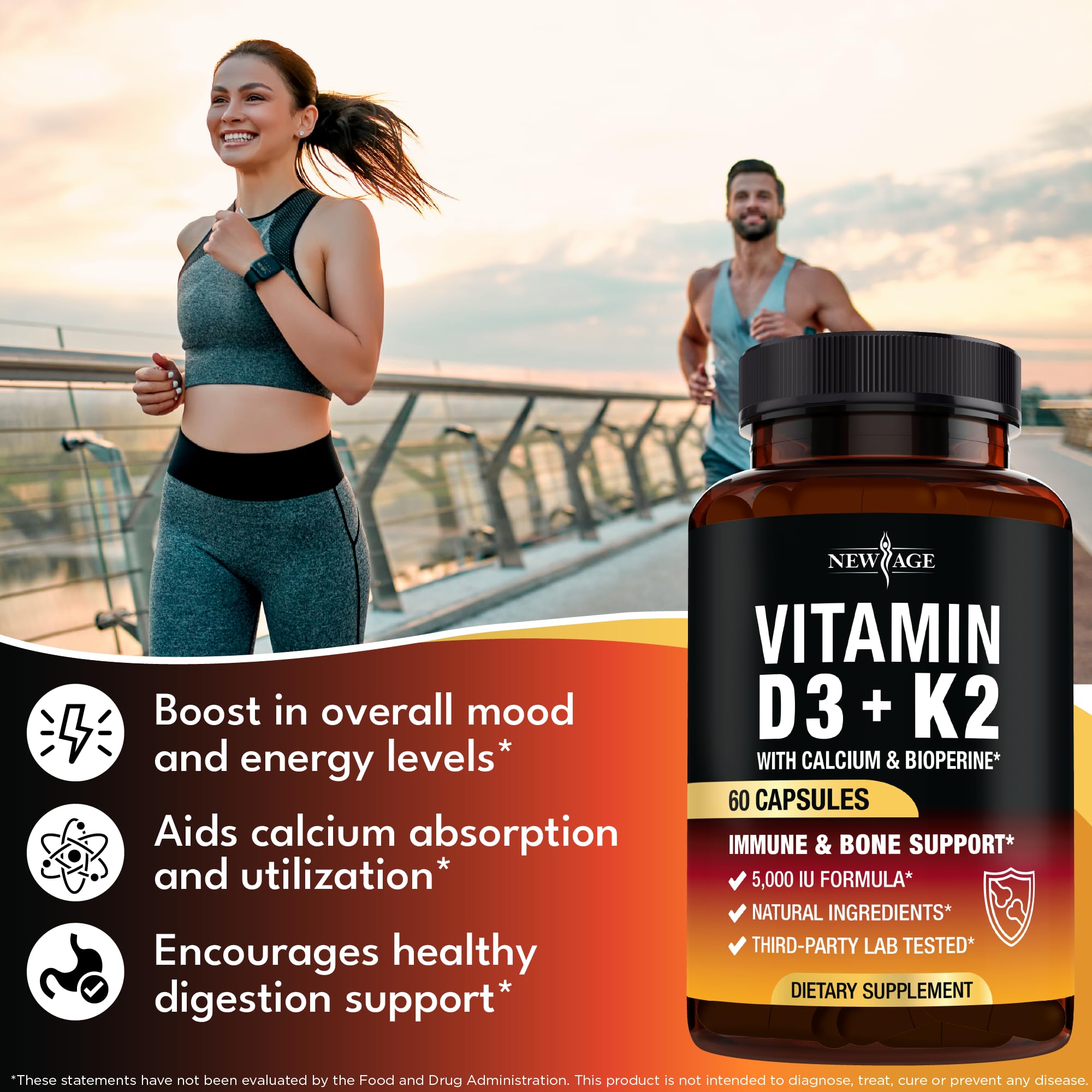 NEW AGE Vitamin D3 5,000 IU + K2 MK-7 100 mcg - 2-in-1 Bone, Immune & Heart Support, Easy to Swallow, Non-GMO - 180 Capsules — Amazon image 4