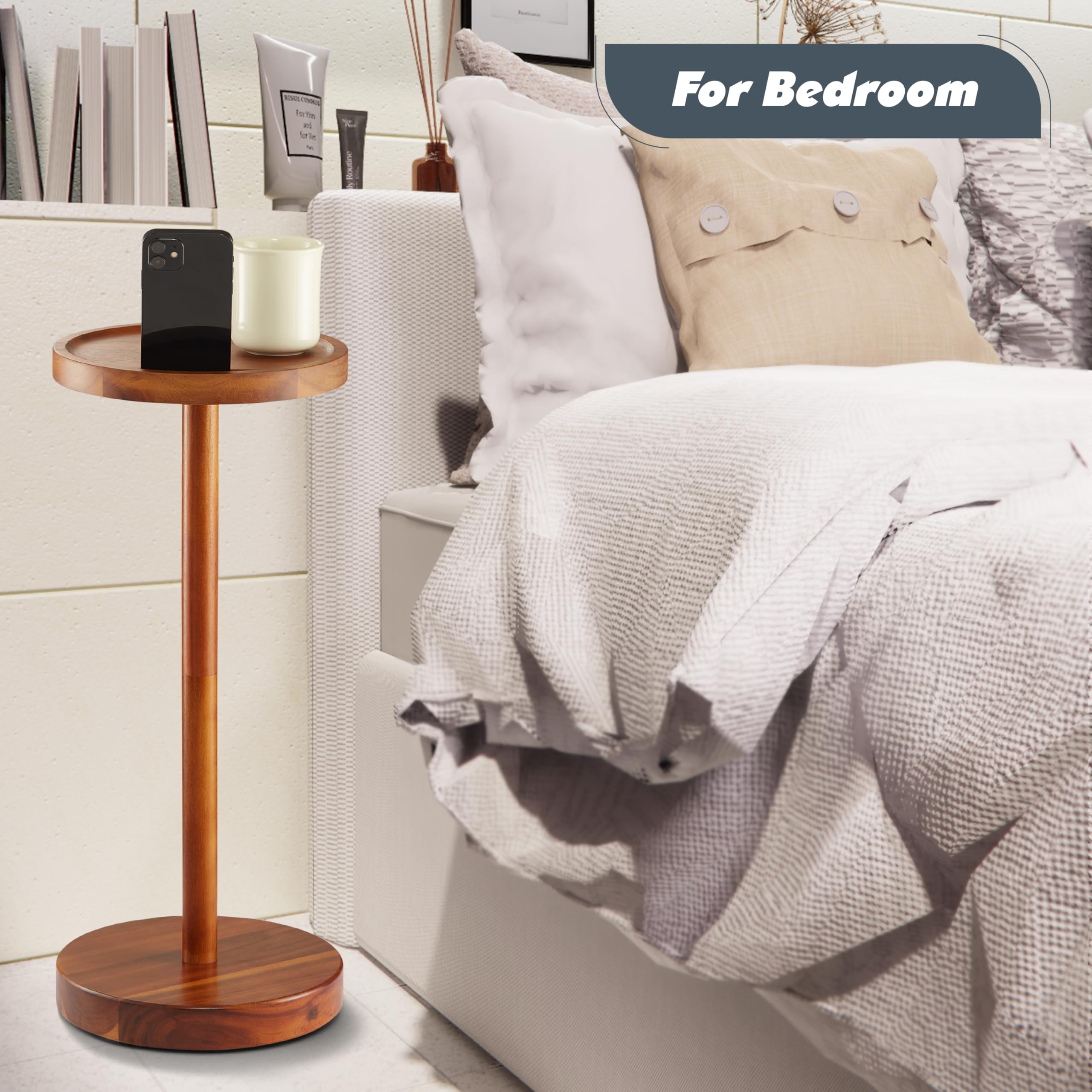 Mesa de bebidas, mesa auxiliar compacta de 24.4 pulgadas de alto con ranura para teléfono y base pesada (2, Acacia) 5