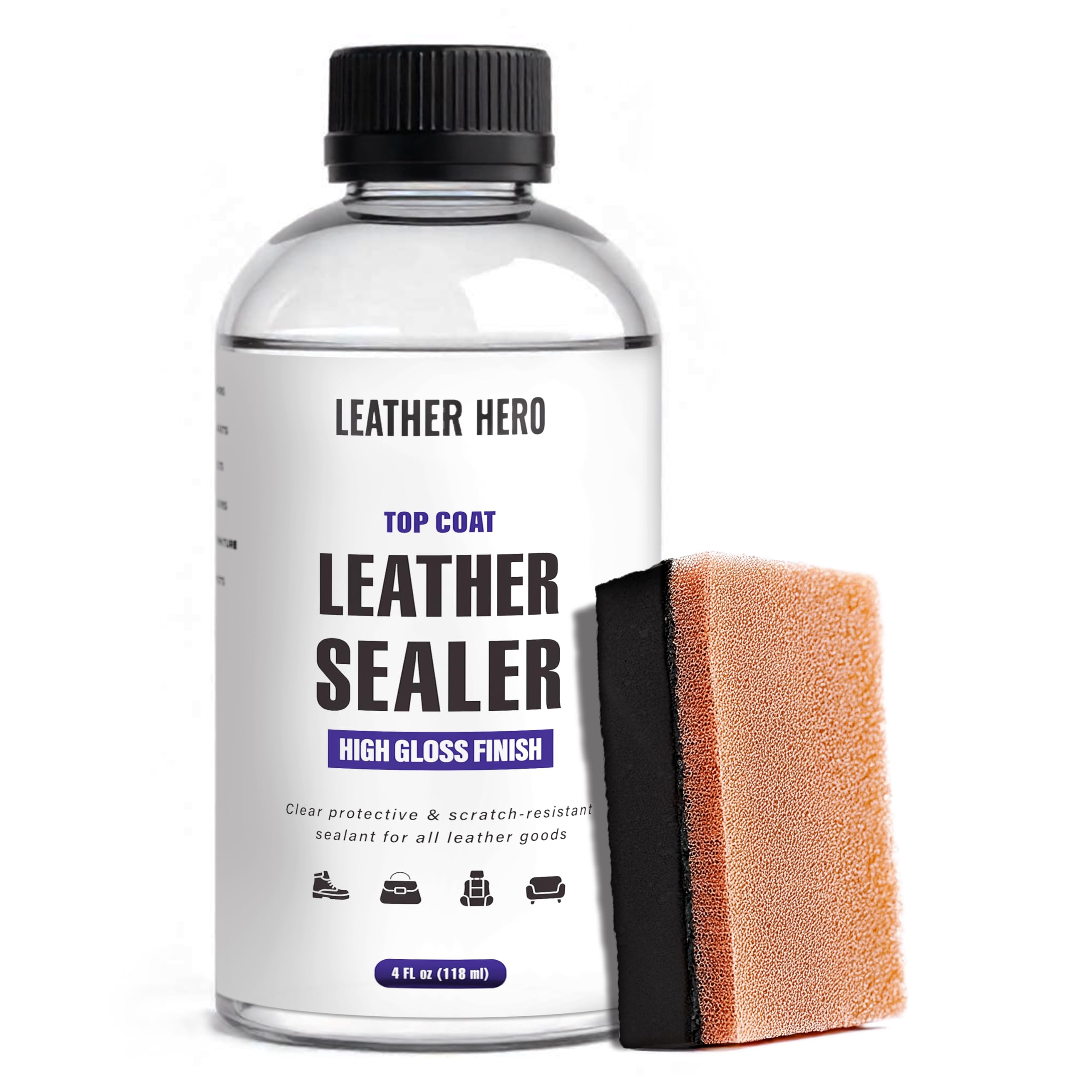 Leather Hero Top Coat – Leather Sealant & Protective Finish for Dye, Paint, Car Seats, Shoes & More – Scratch-Resistant Color Restorer with Applicator – 4oz (High Gloss Finish)