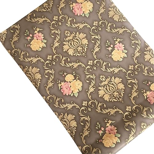 Miniatura 2 de Papel tapiz de damasco floral marrón y dorado de lujo de 11 yardas, calcomanías de papel de pared de contacto extraíbles vintage para muebles de