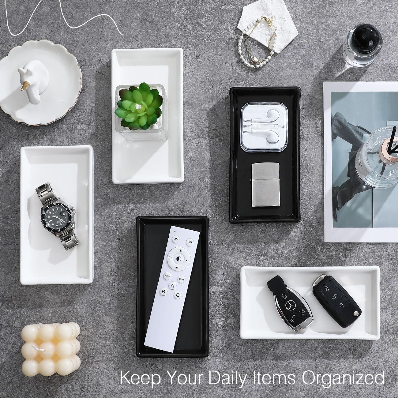 Luxspire Bathroom Vanity Tray, Mini Soap Dispenser, Small Ceramic Perfume and Jewelry Dish, Trinket Holder, Rectangle Candle Tray, Bath Organizer Kitchen Sink Narrow Soap Dish, Black - Image 5