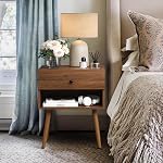 Night Stands Bedside Table Set of 1,Mid Century Modern Table De Chevet,End Table with Storage Drawer and Wood Legs for Bedroom,Walnut