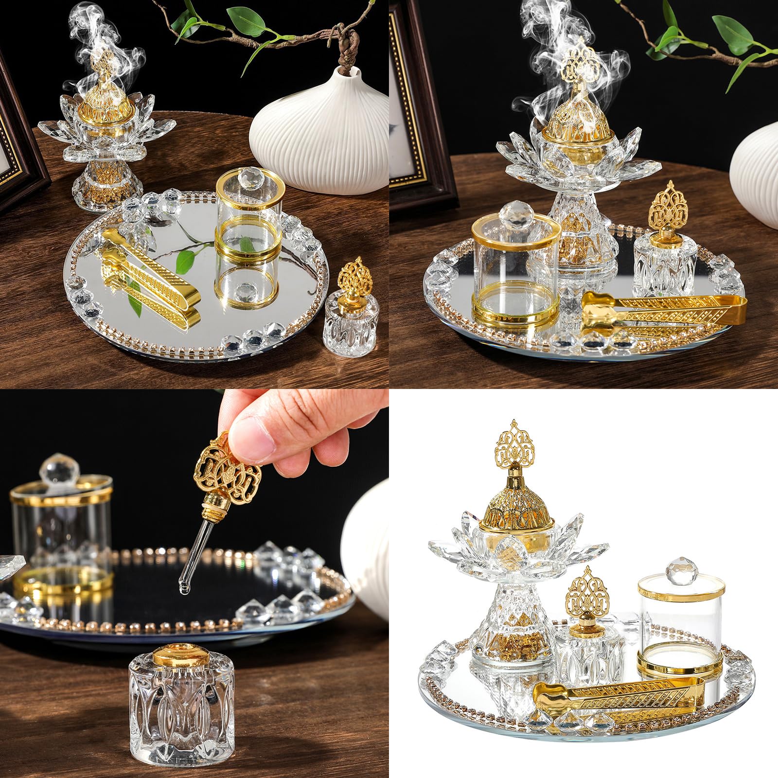 Set di bruciatori di incenso in vetro con vassoio a specchio, design floreale, stile arabo, per meditazione, decorazioni, set di bruciatori d'incenso dal Medio Oriente