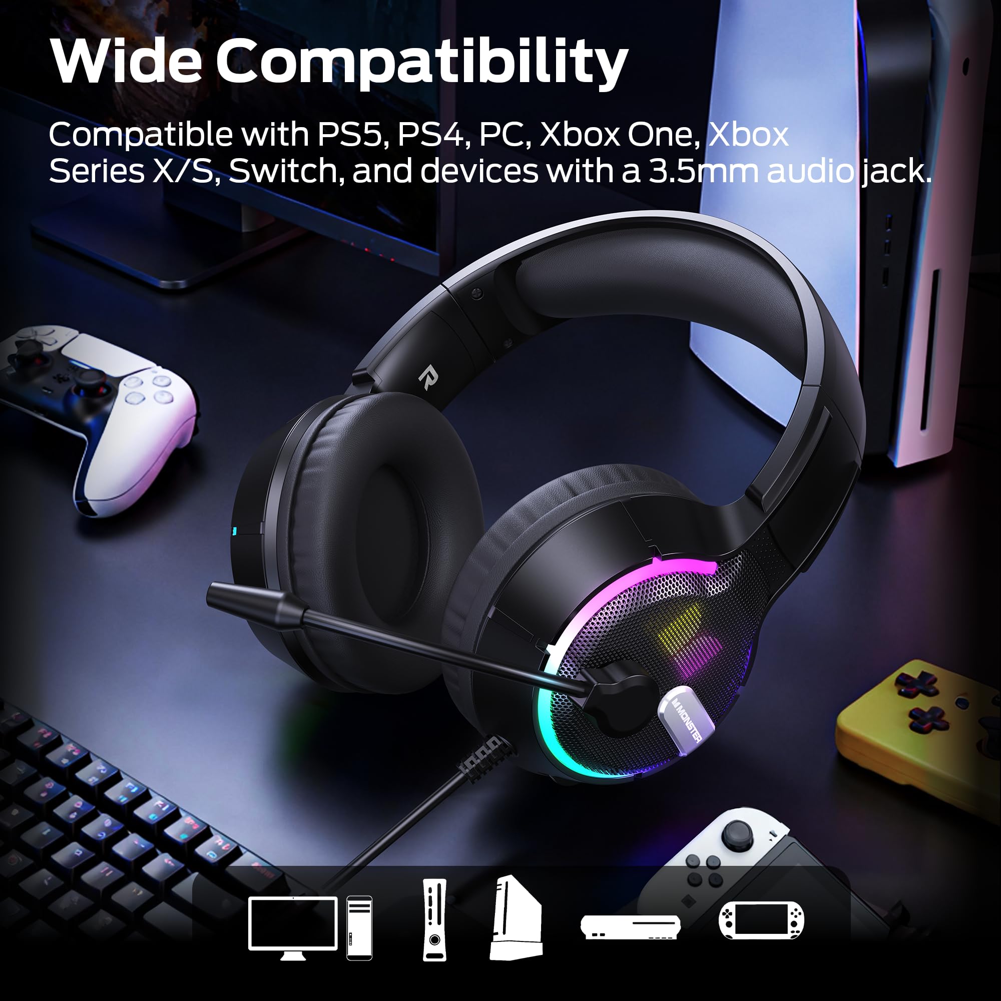 Monster Mission 320 Gaming Headset for PS5, PS4PC,Switch,Noise Cancelling Over Ear Headphones with Mic, LED Light, 7.1 Surround Sound,Gifts — view 7
