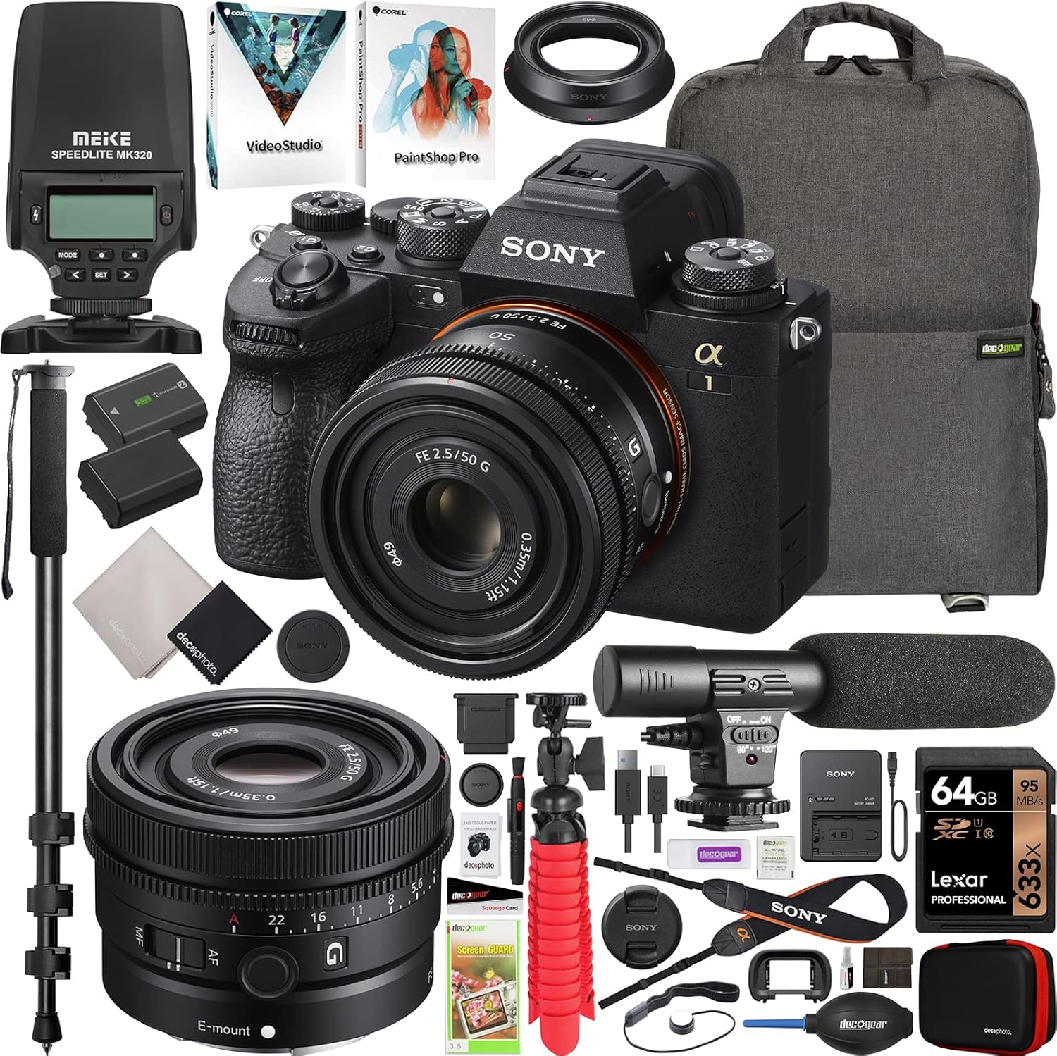 Sony Alpha 1 Full Frame Mirrorless Camera Body + 50mm F2.5 G FE Lens for E-Mount SEL50F25G ILCE-1/B Bundle with Meike MK320 TTL Flash Speedlite + Deco Gear Backpack + Microphone and Accessories Kit
