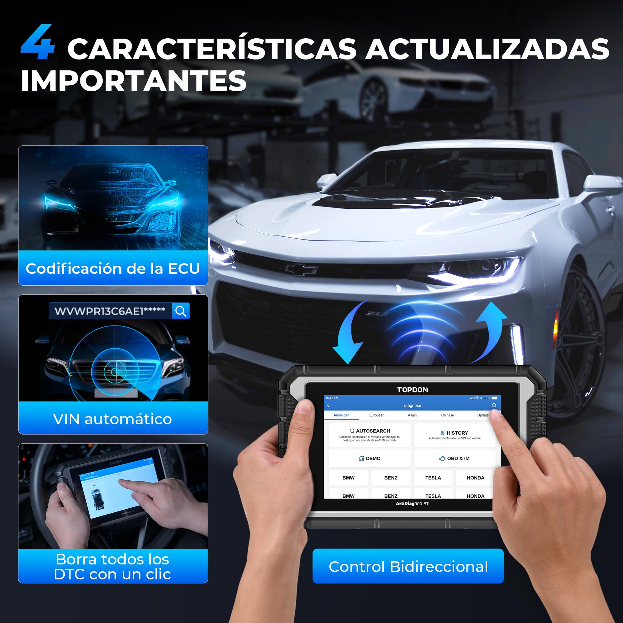 TOPDON OBD2 Diagnosis Coche AD900BT, Codificación ECU, Control Bidireccional, 28+ Servicios, Escáner de Sistema Completo, para Todos los Vehículos con FCA, 2 Años de Actualizaciones Gratuitas