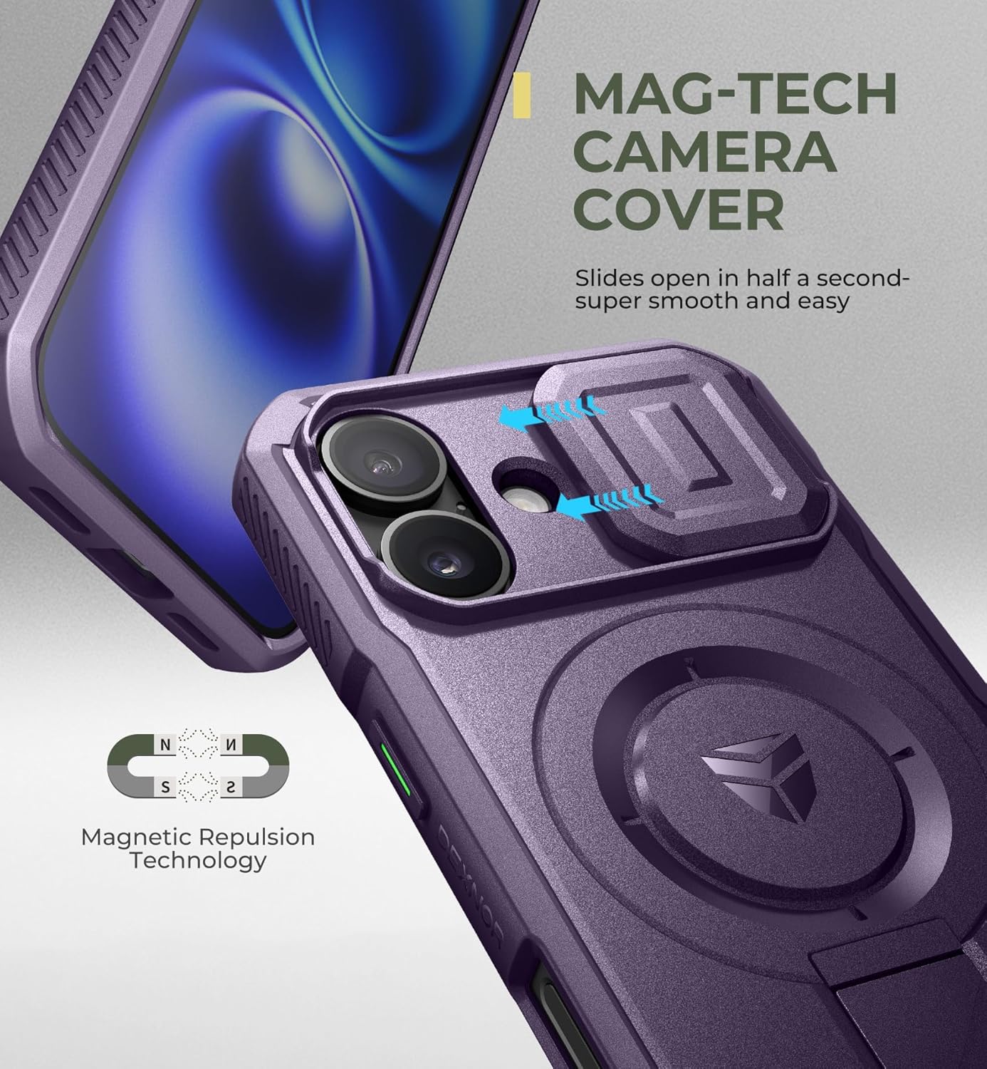 Dexnor for iPhone 16 Case with Slide Camera Cover & Adjustable Kickstand, Rugged Shockproof Bumper Cases Heavy-Duty Magnetic Protective Cover,Phantom Purple